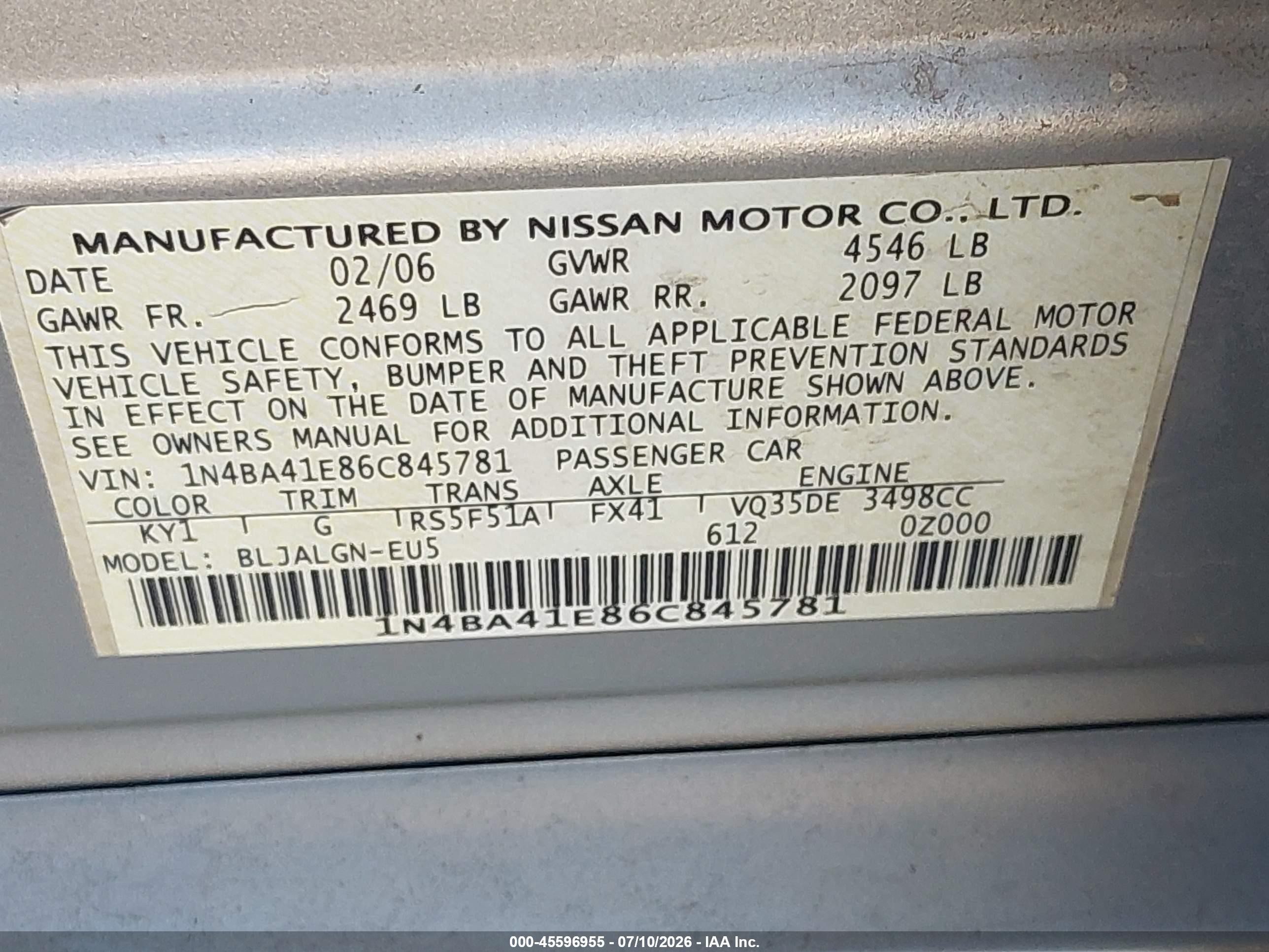 2006 Nissan Maxima 3.5 Sl Silver vin: 1N4BA41E86C845781