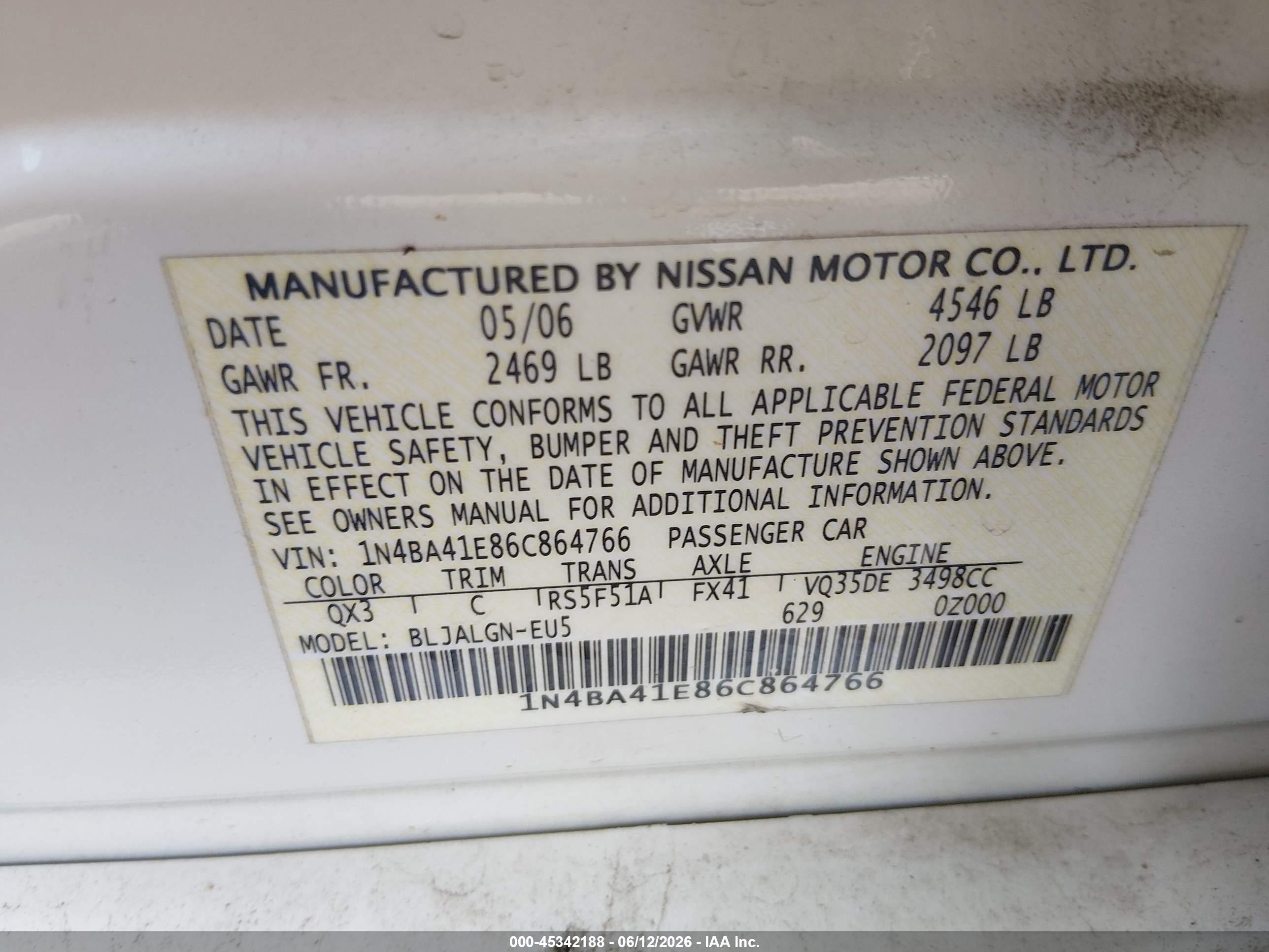2006 Nissan Maxima 3.5 Sl White vin: 1N4BA41E86C864766