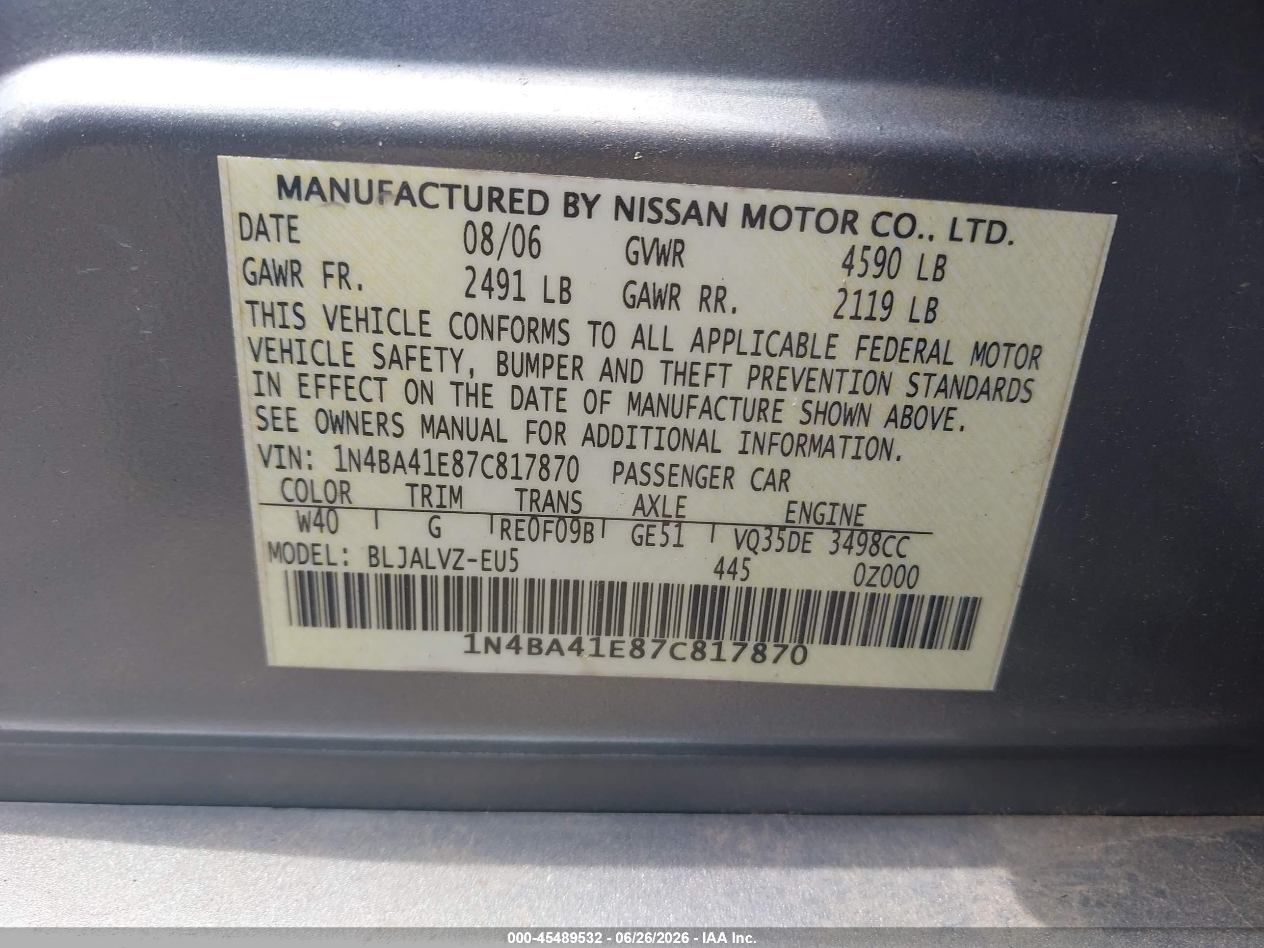2007 Nissan Maxima 3.5 Se Gray vin: 1N4BA41E87C817870
