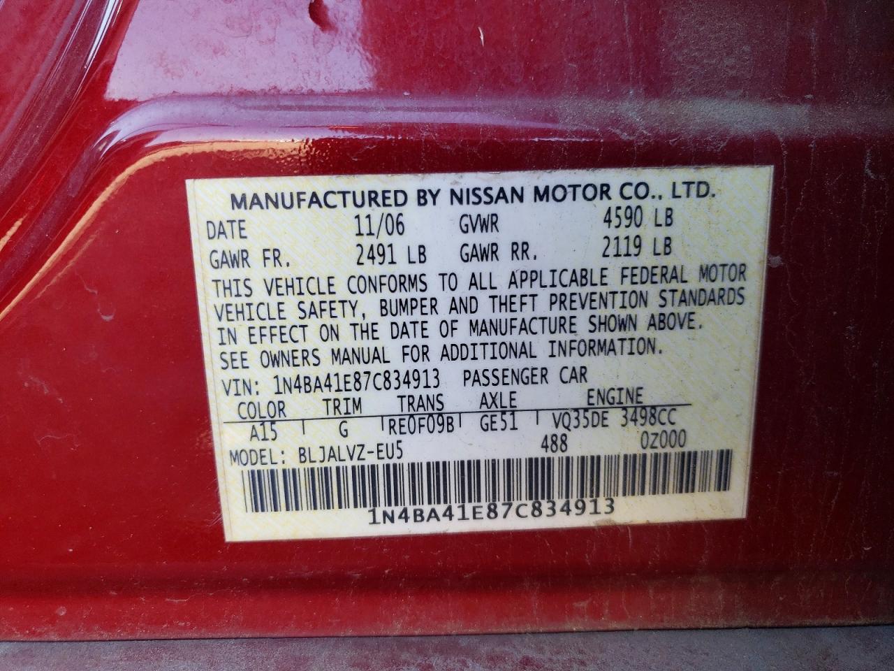 2007 Nissan Maxima 3.5 Se Red vin: 1N4BA41E87C834913