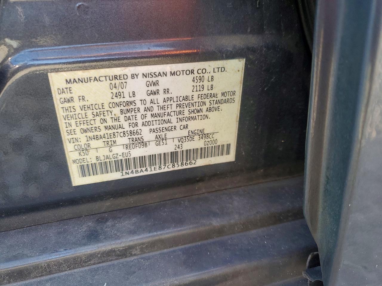 2007 Nissan Maxima 3.5 Se Серый vin: 1N4BA41E87C858662