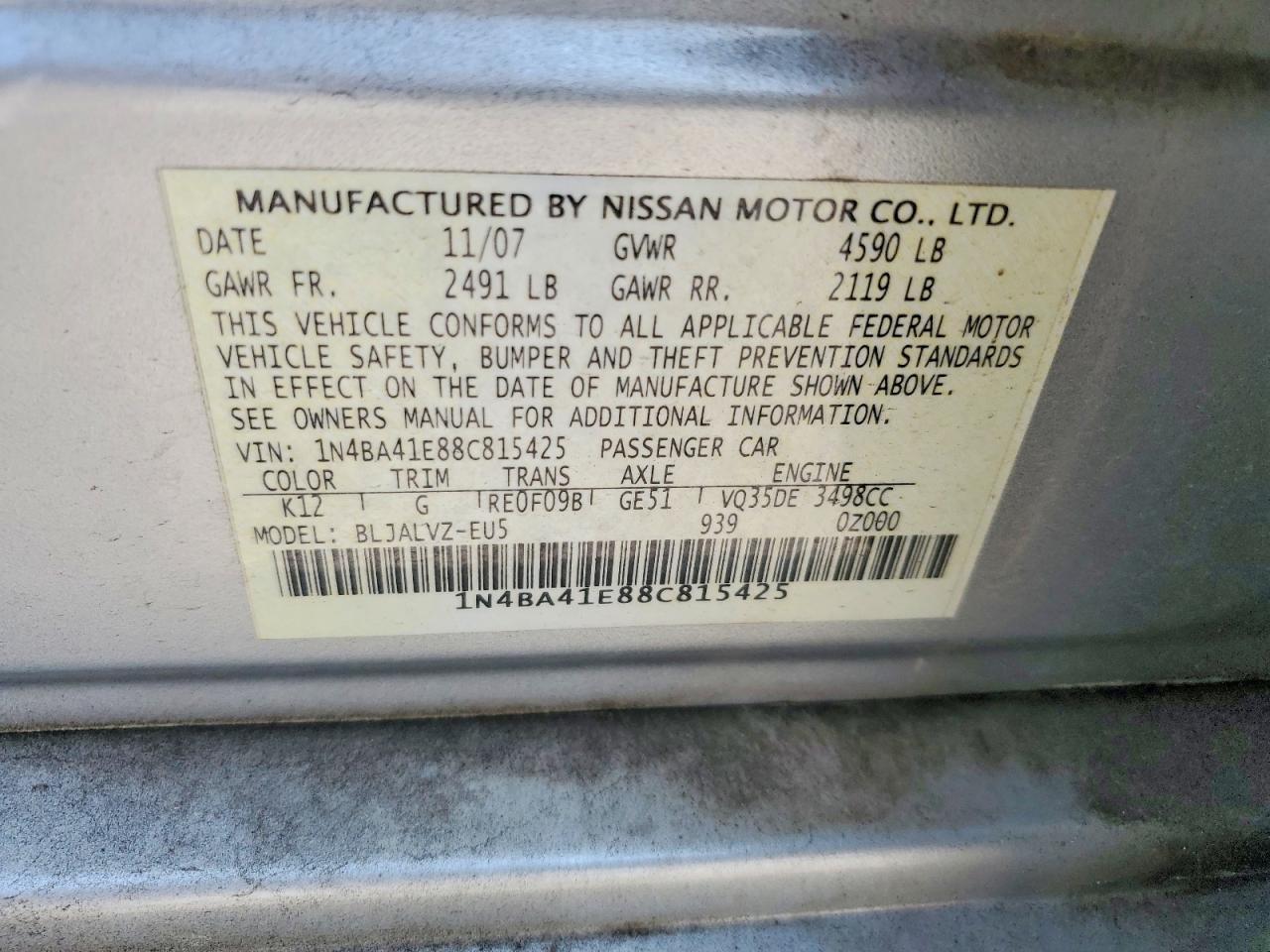 2008 Nissan Maxima 3.5 Se Silver vin: 1N4BA41E88C815425