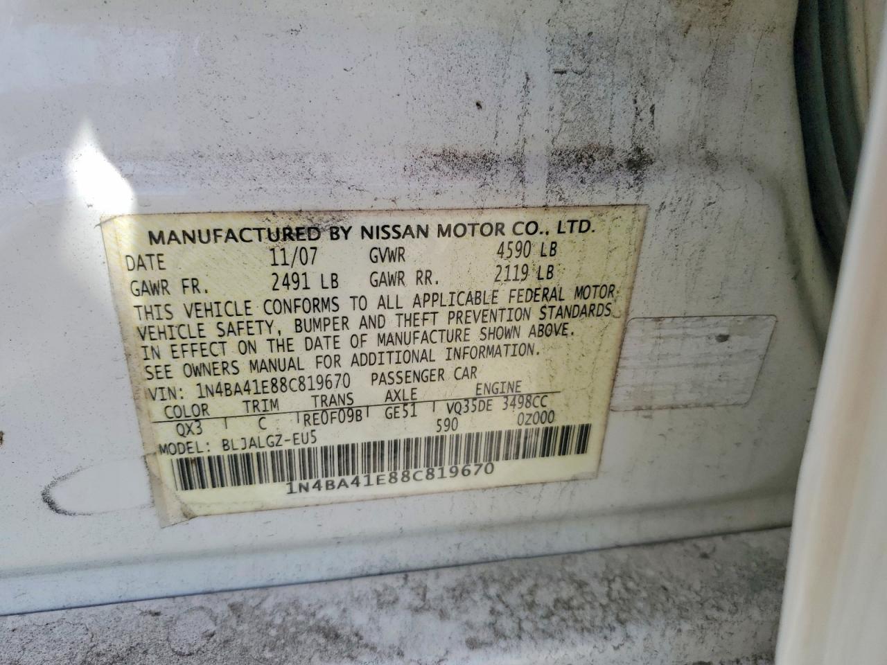 2008 Nissan Maxima 3.5 Se White vin: 1N4BA41E88C819670
