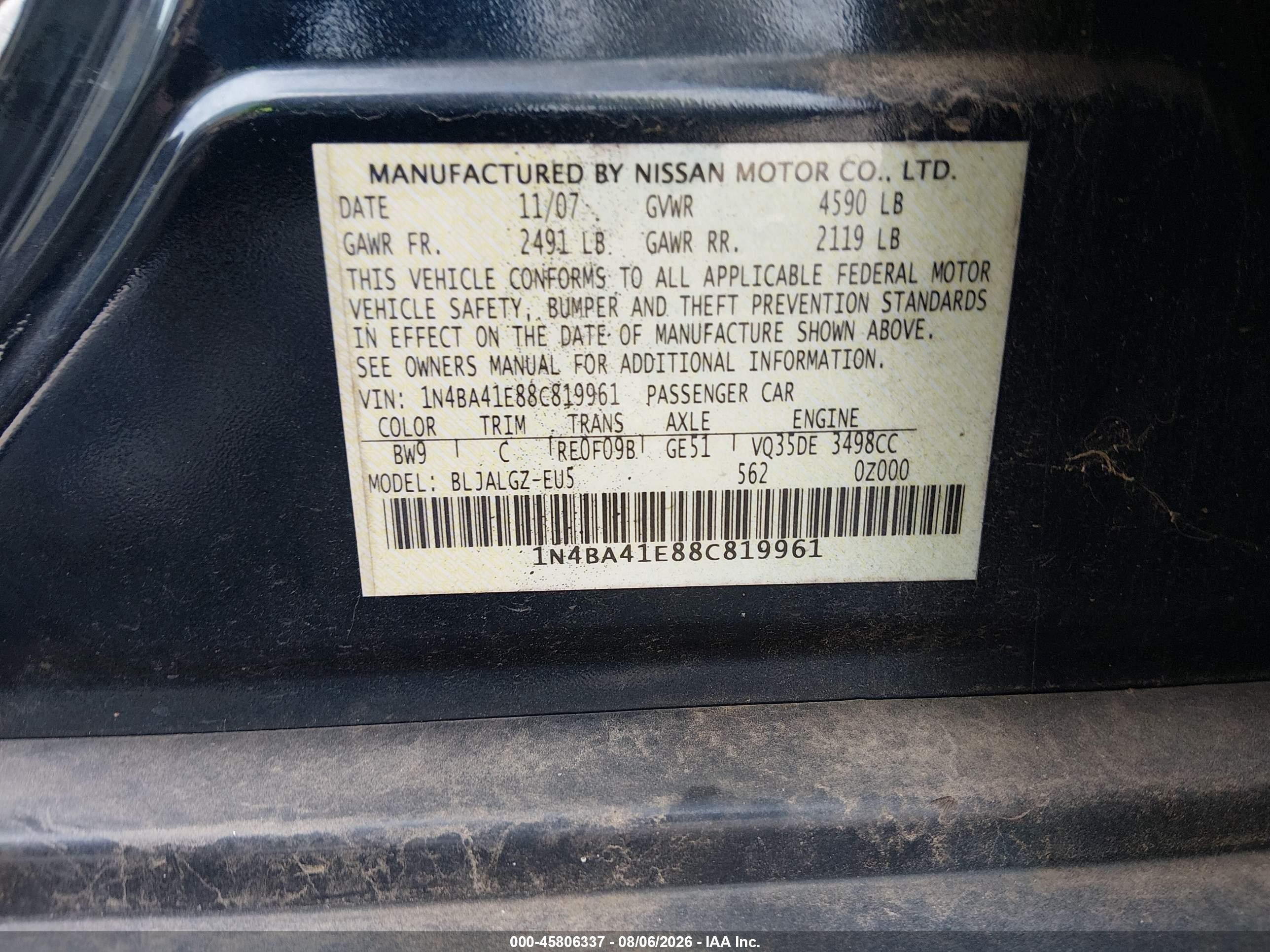 2008 Nissan Maxima 3.5 Sl Dark Blue vin: 1N4BA41E88C819961