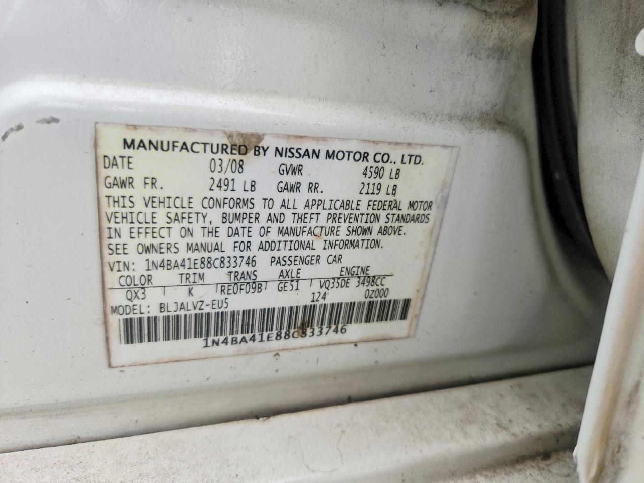 2008 Nissan Maxima 3.5 Se White vin: 1N4BA41E88C833746