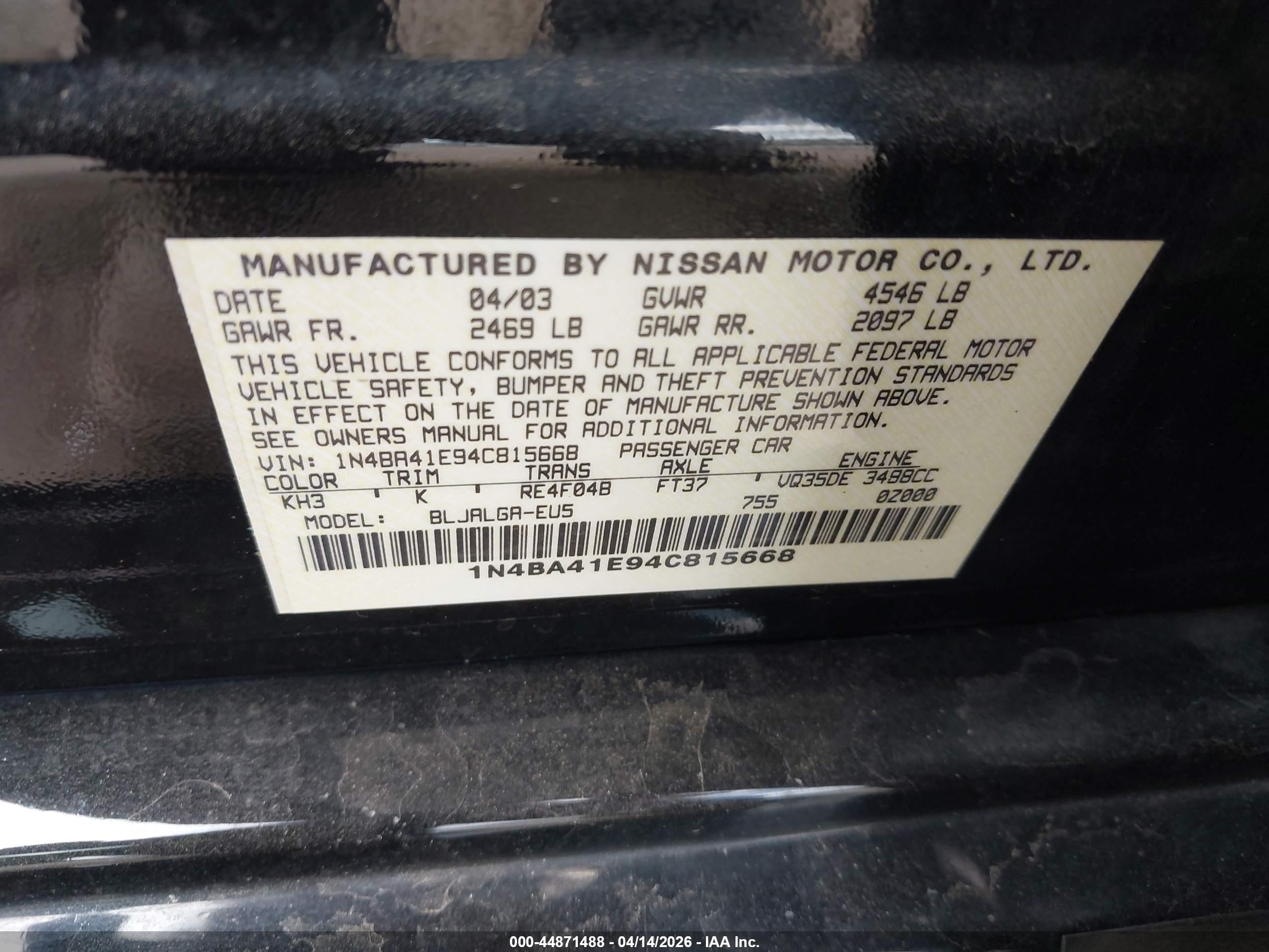 2004 Nissan Maxima 3.5 Sl Black vin: 1N4BA41E94C815668