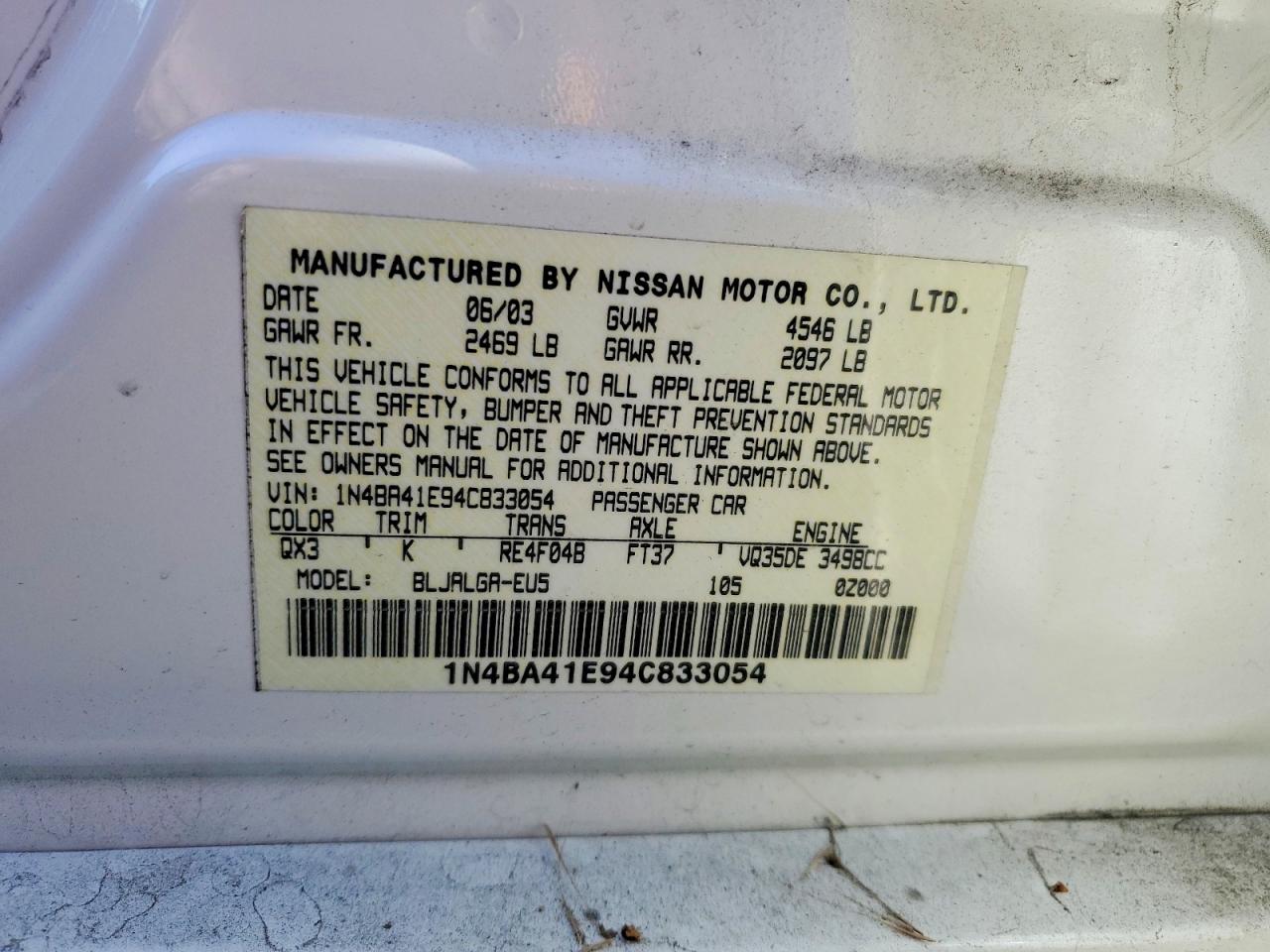 2004 Nissan Maxima 3.5 Se White vin: 1N4BA41E94C833054