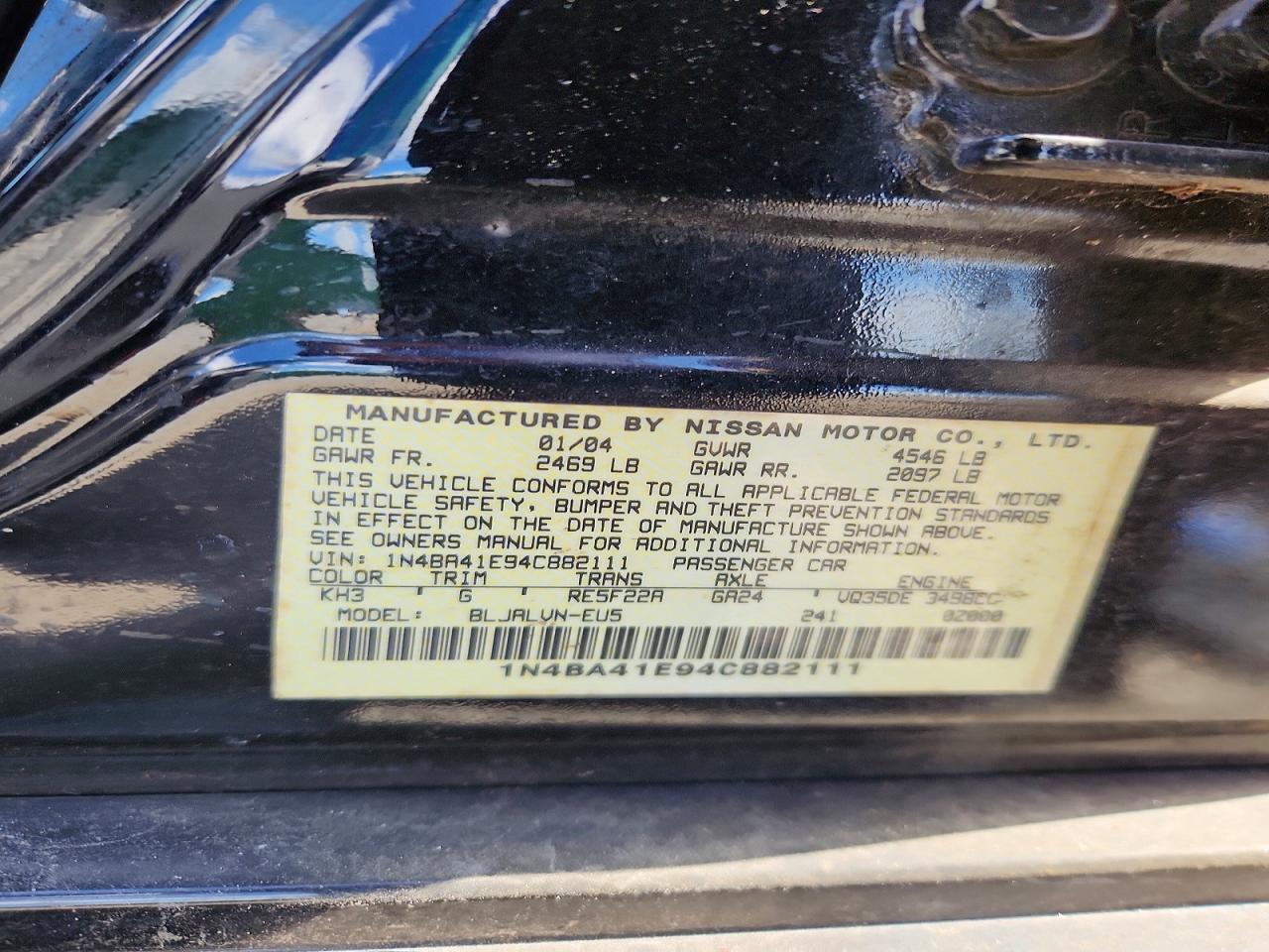 2004 Nissan Maxima Black vin: 1N4BA41E94C882111