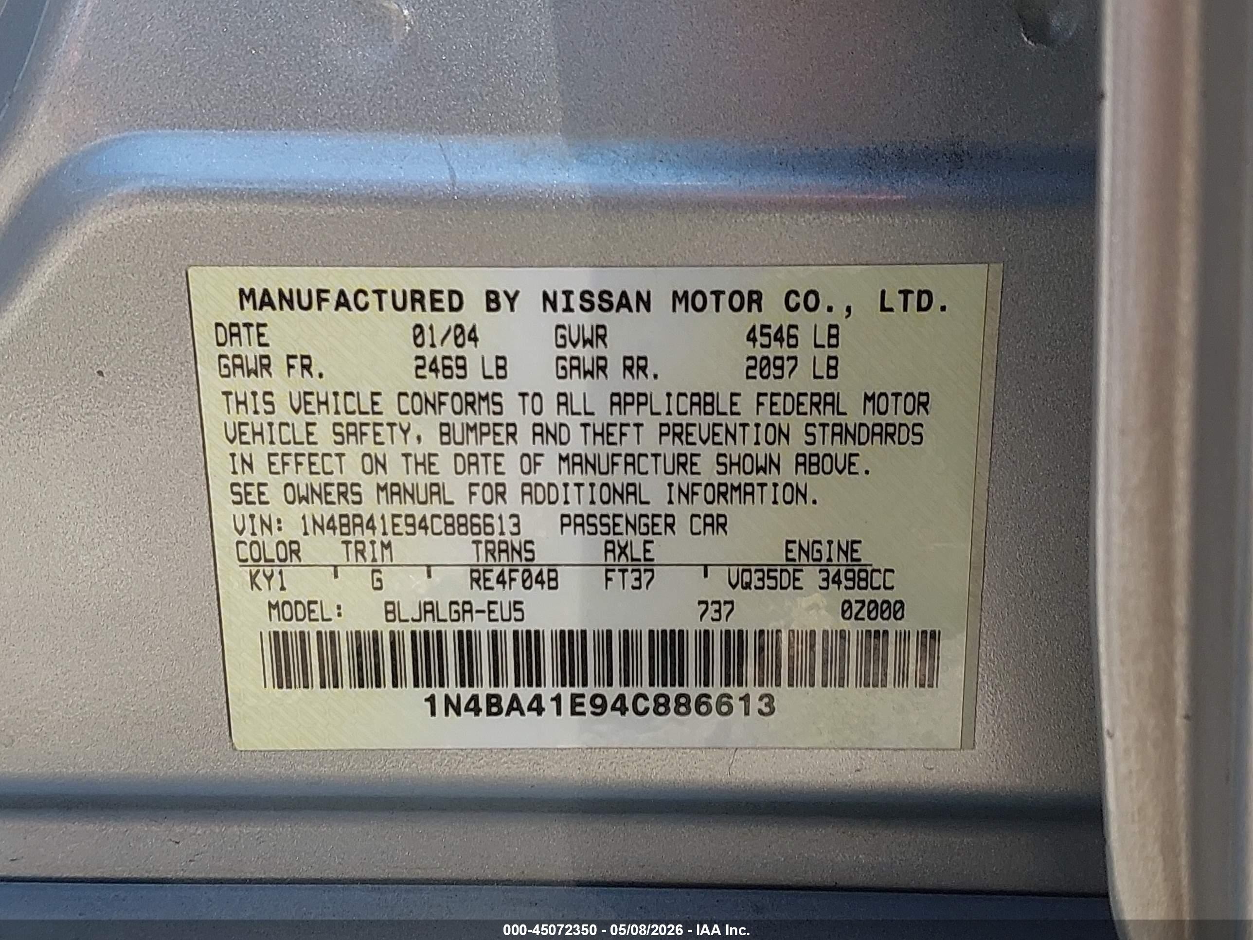 2004 Nissan Maxima 3.5 Sl Silver vin: 1N4BA41E94C886613