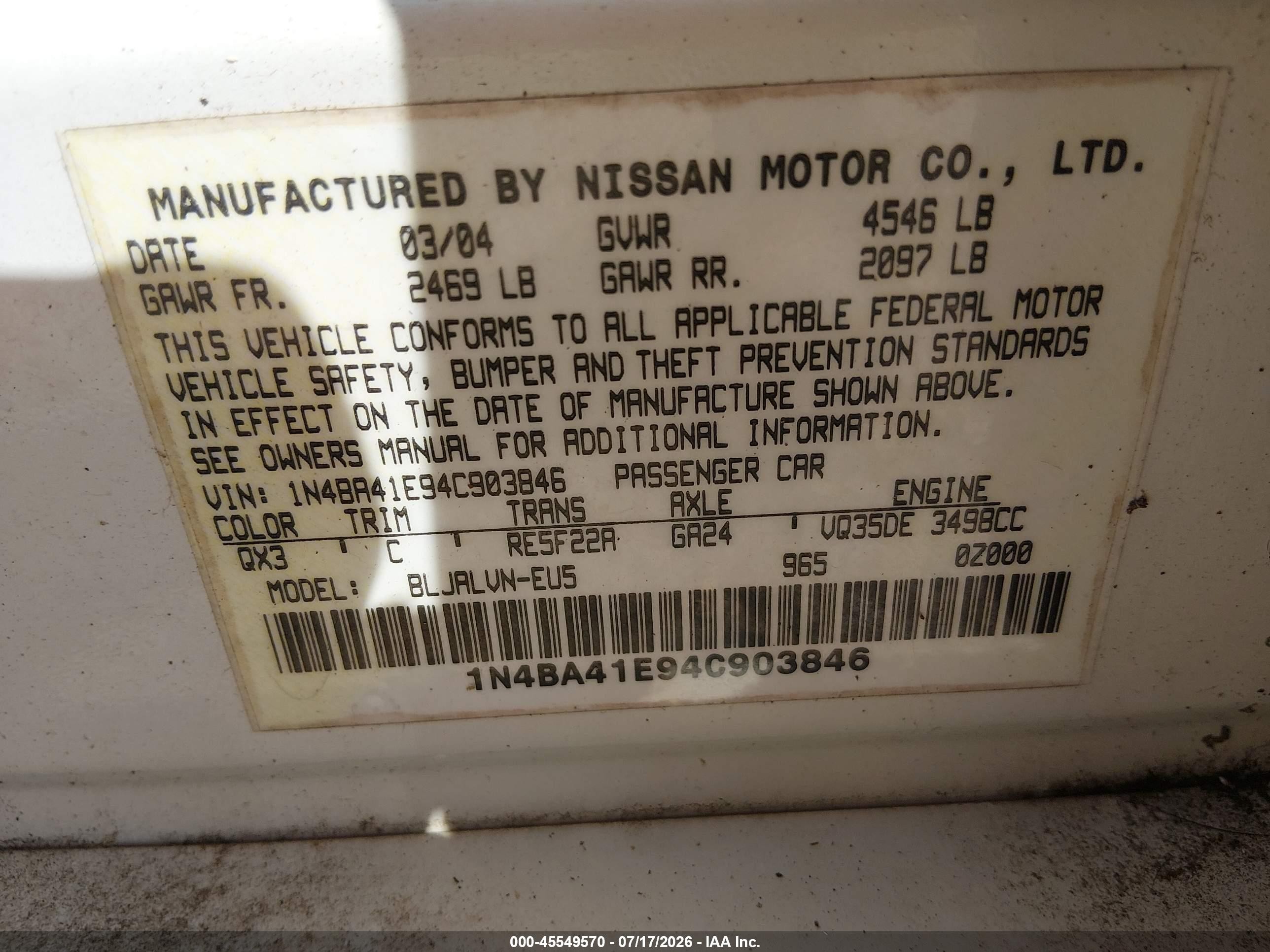 2004 Nissan Maxima 3.5 Sl White vin: 1N4BA41E94C903846