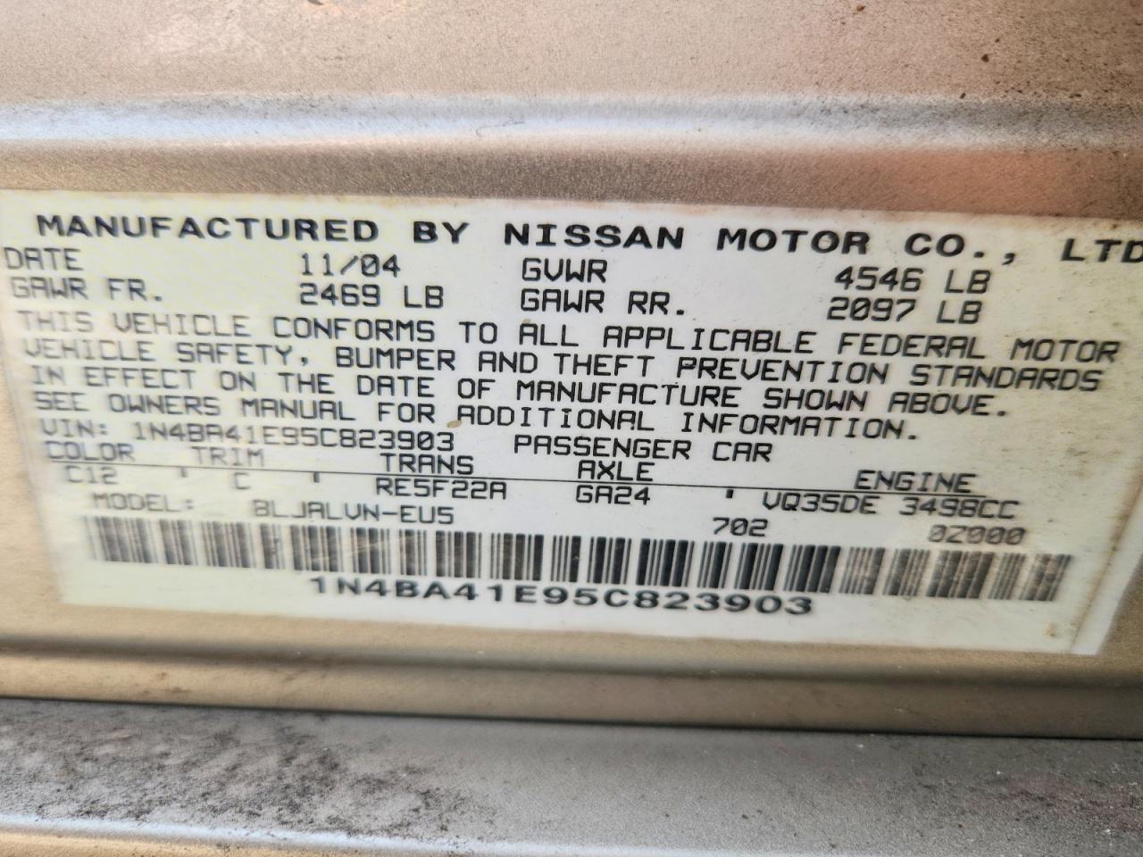 2005 Nissan Maxima 3.5 Se Tan vin: 1N4BA41E95C823903