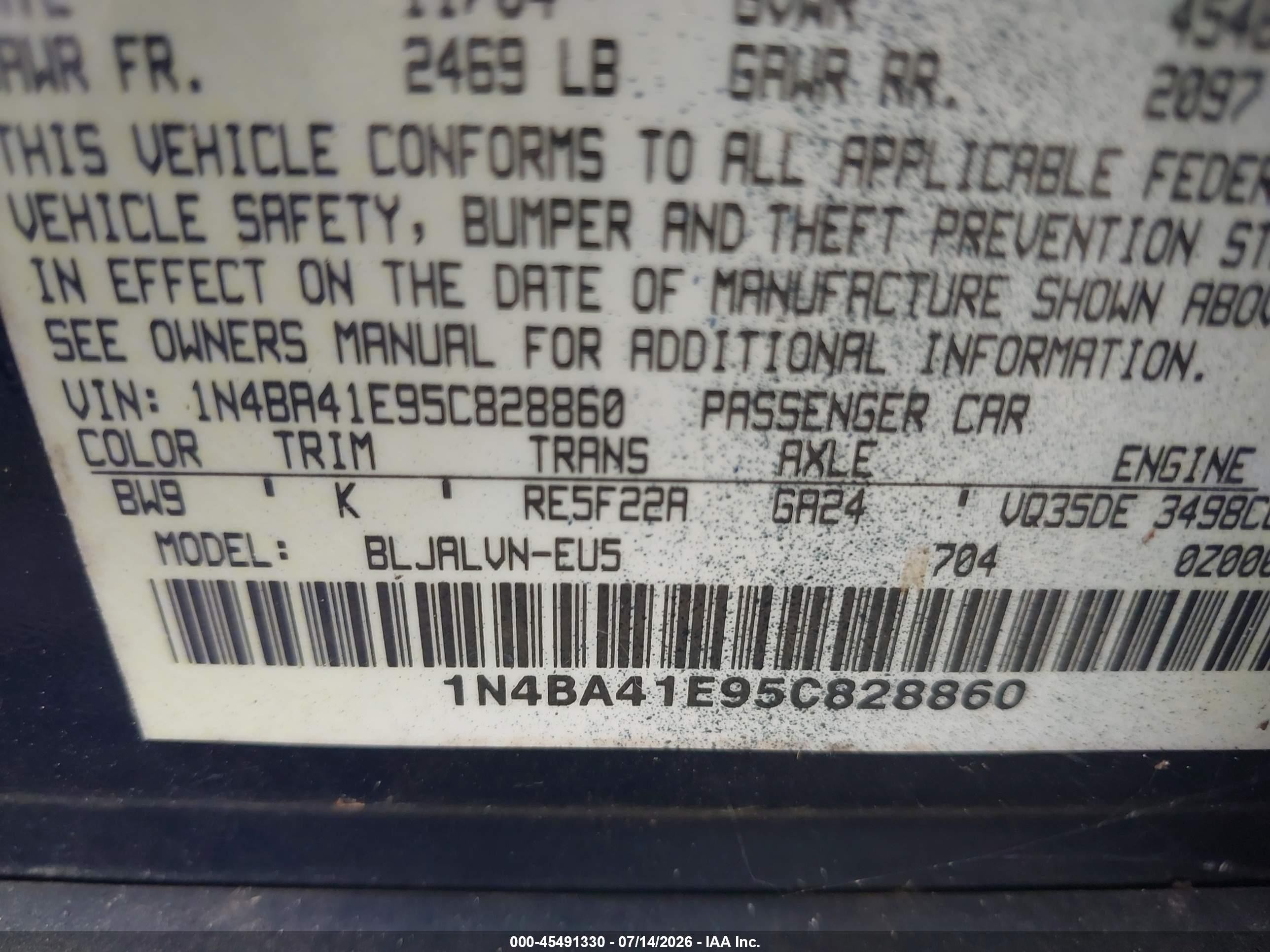 2005 Nissan Maxima 3.5 Se Blue vin: 1N4BA41E95C828860