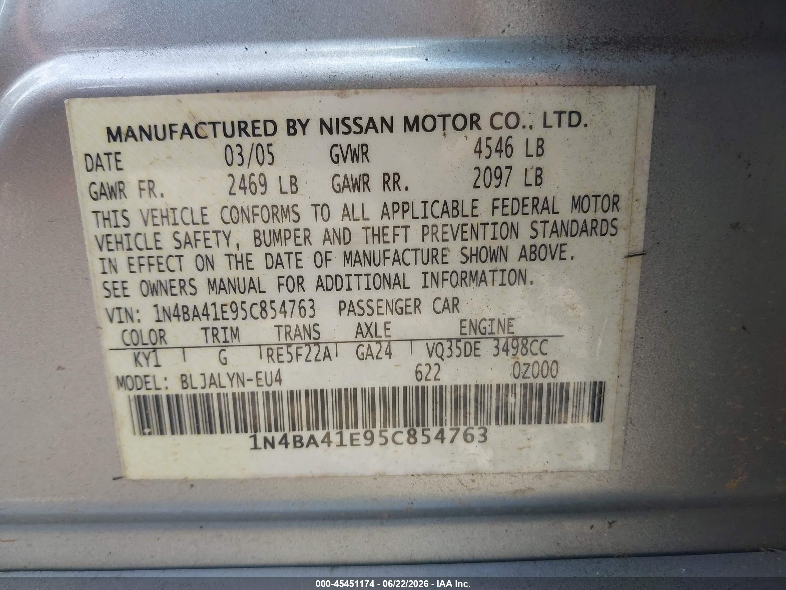 2005 Nissan Maxima 3.5 Sl Silver vin: 1N4BA41E95C854763