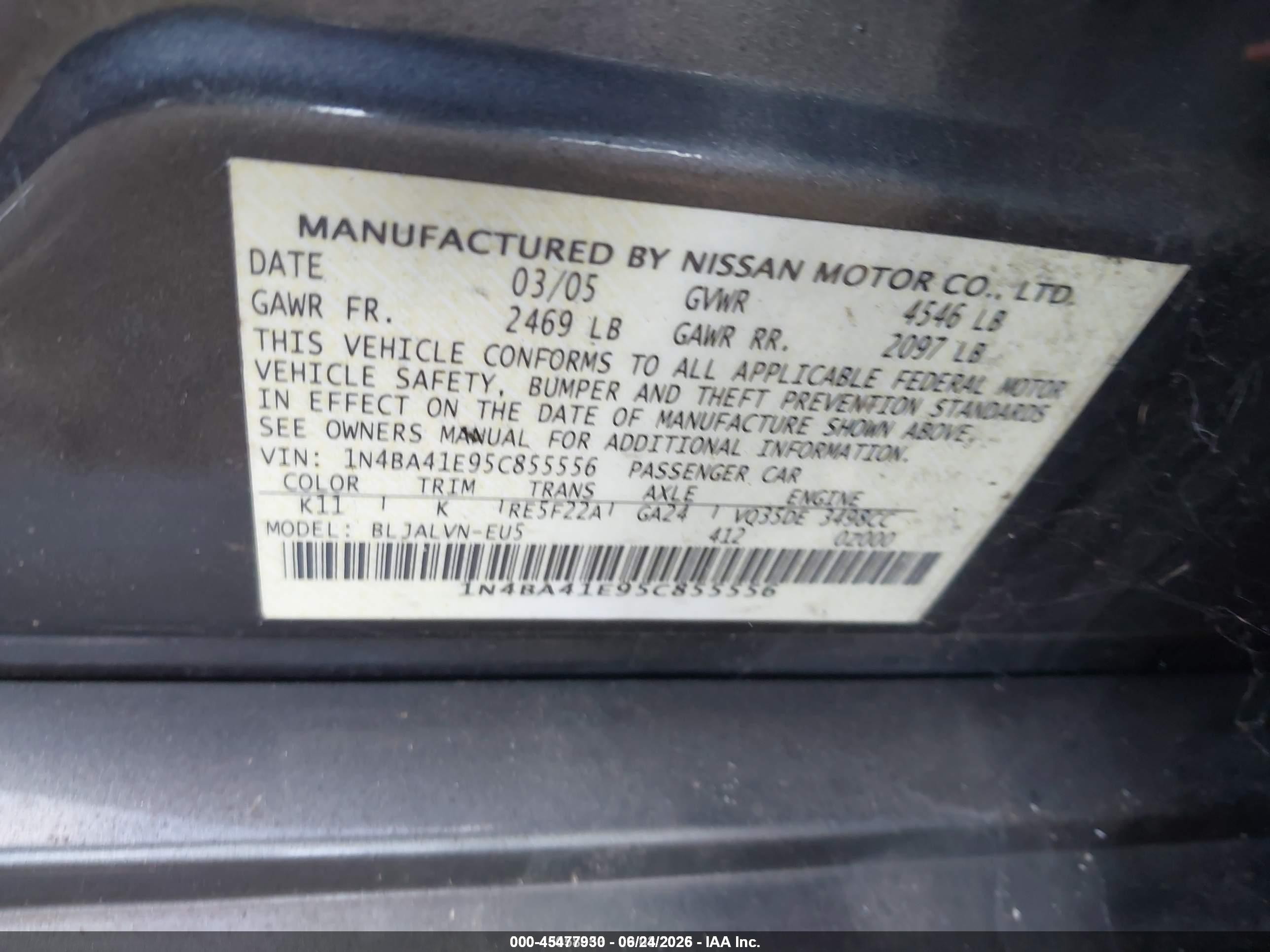 2005 Nissan Maxima 3.5 Se Beige vin: 1N4BA41E95C855556
