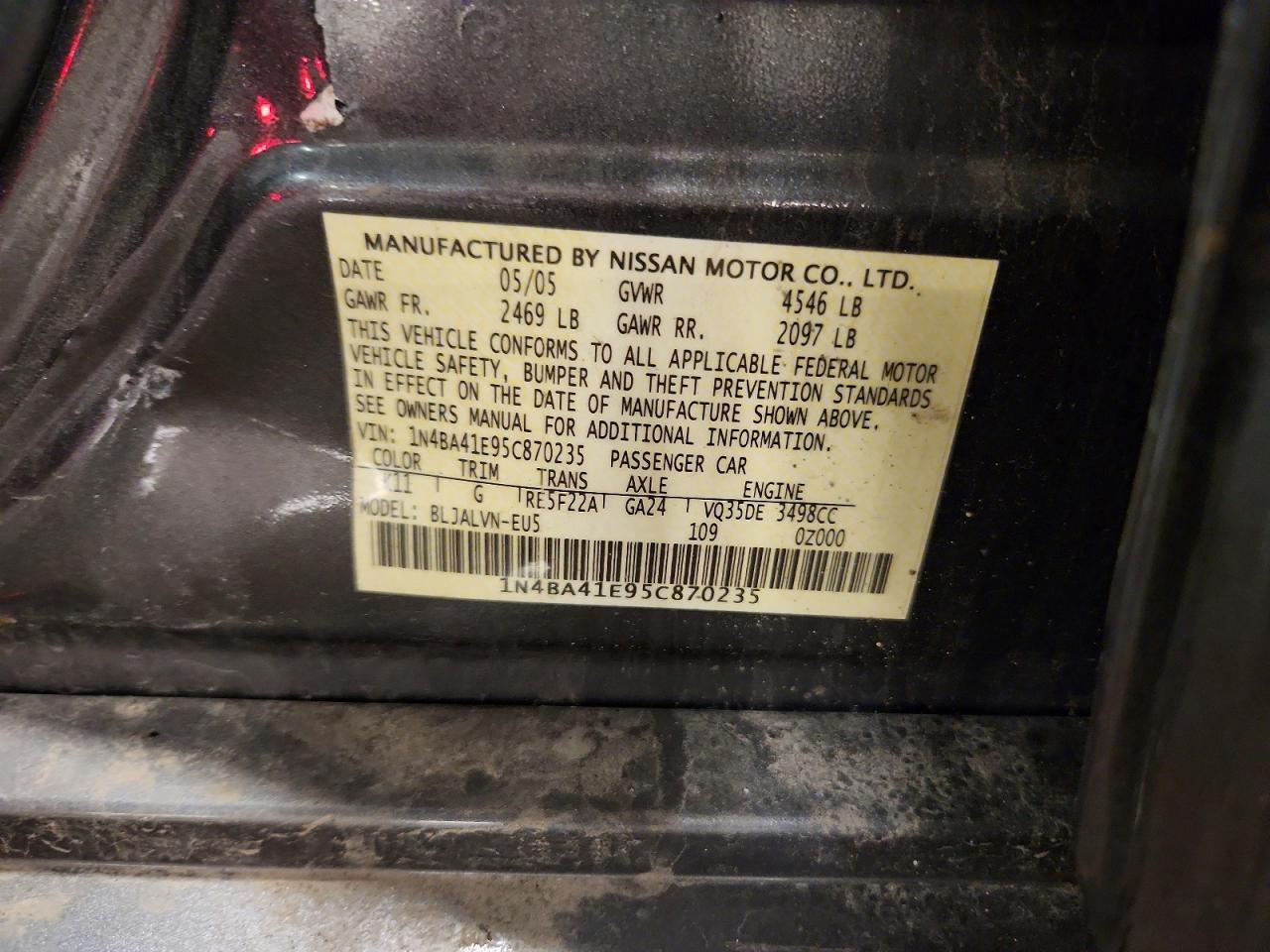 2005 Nissan Maxima 3.5 Se Серый vin: 1N4BA41E95C870235