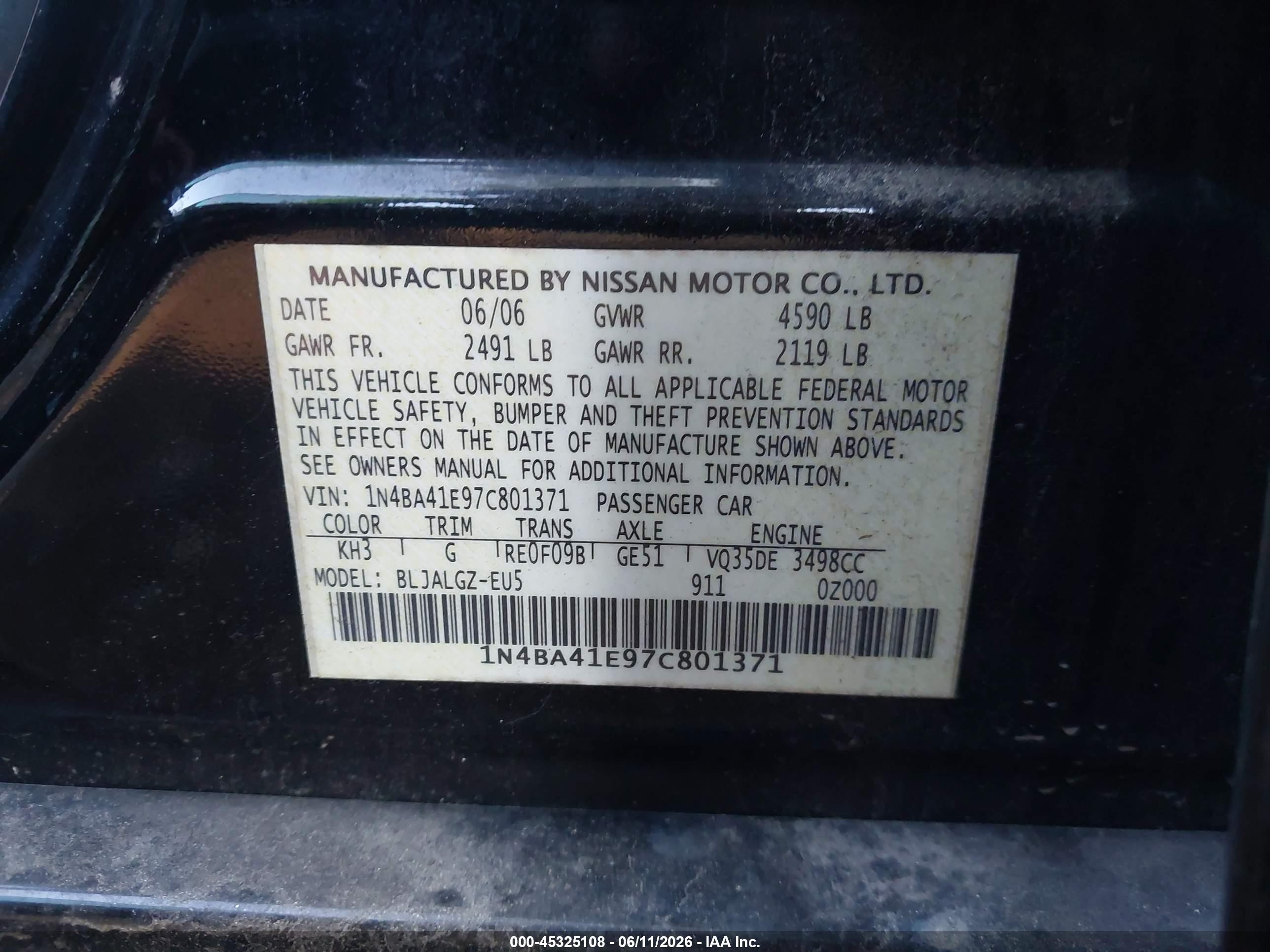 2007 Nissan Maxima 3.5 Sl Black vin: 1N4BA41E97C801371