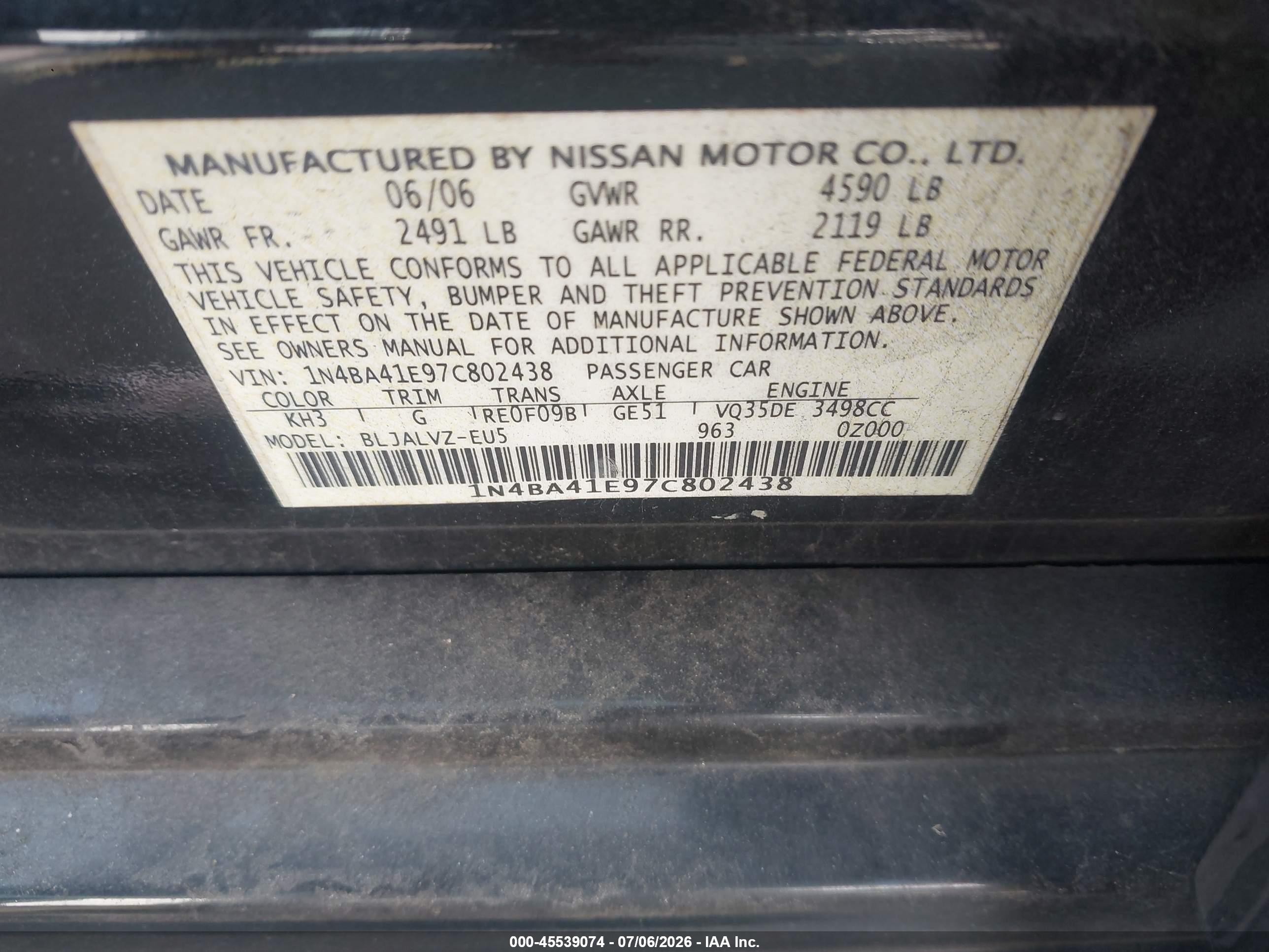 2007 Nissan Maxima 3.5 Se Black vin: 1N4BA41E97C802438
