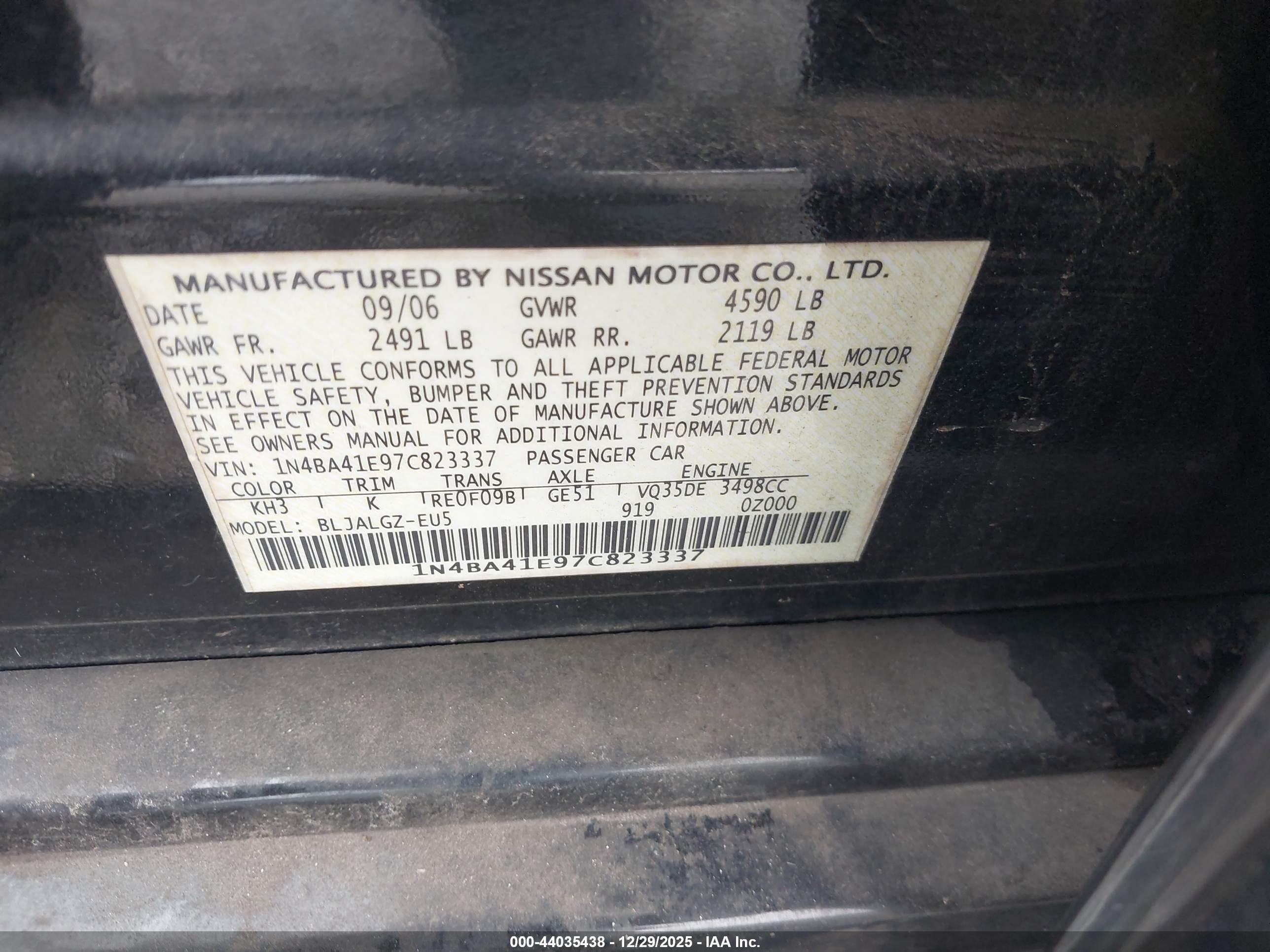 2007 Nissan Maxima 3.5 Sl Black vin: 1N4BA41E97C823337