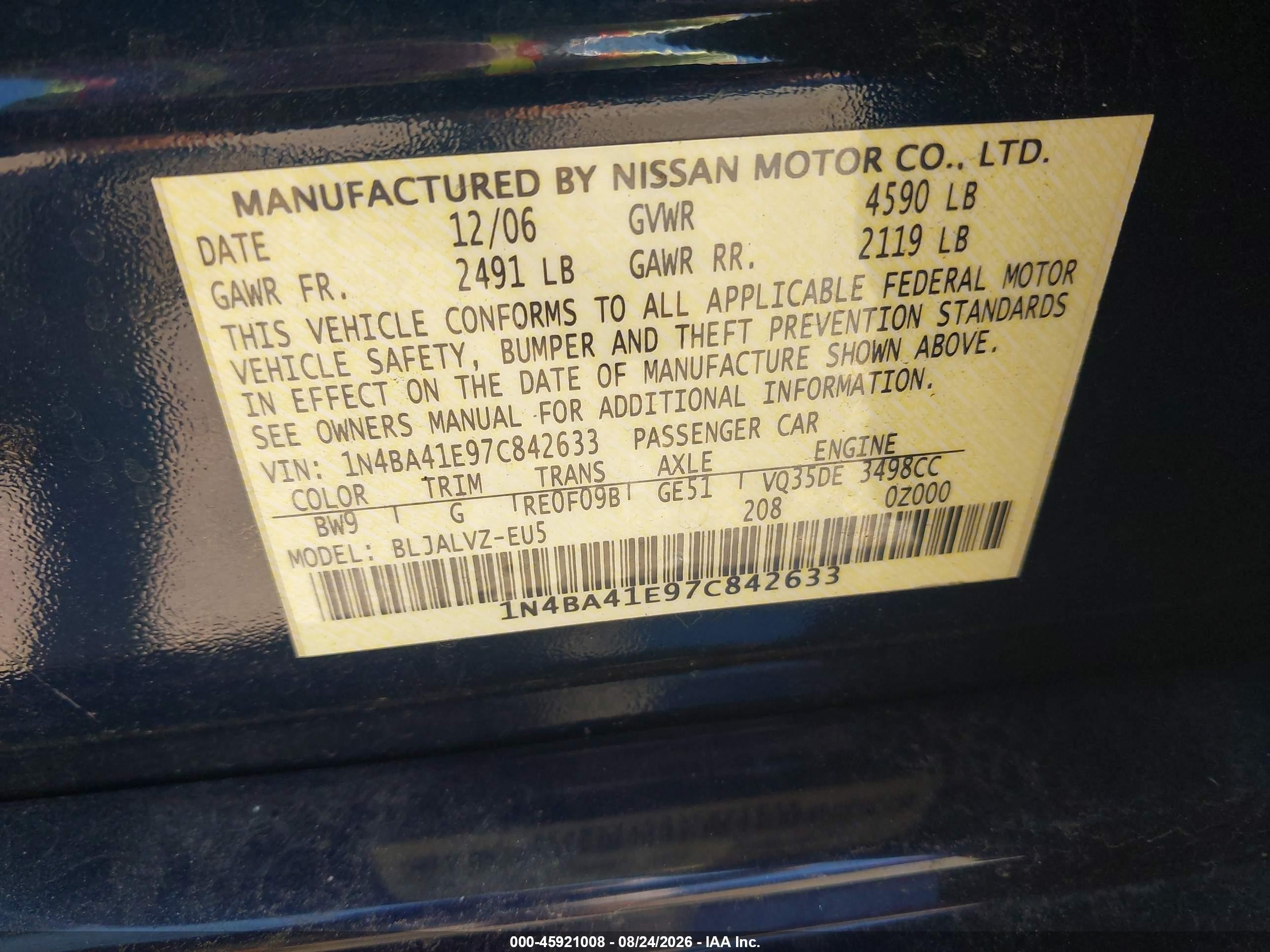 2007 Nissan Maxima 3.5 Se Blue vin: 1N4BA41E97C842633