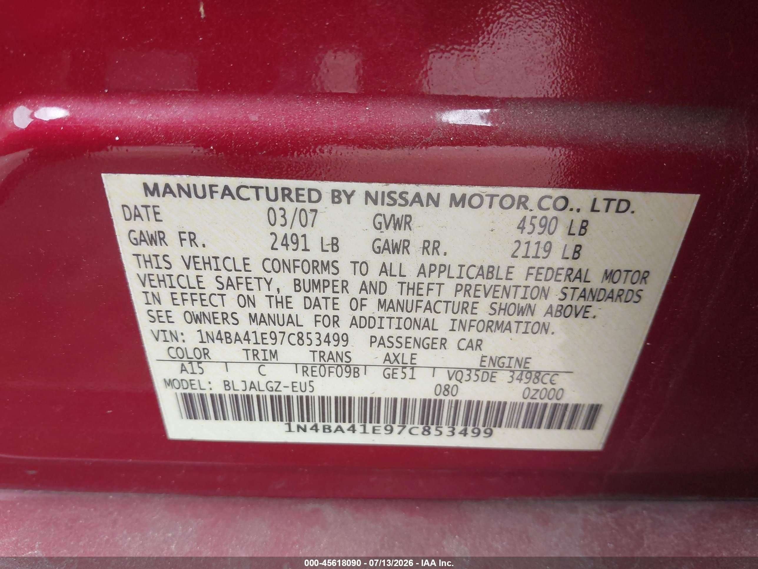 2007 Nissan Maxima 3.5 Sl Red vin: 1N4BA41E97C853499