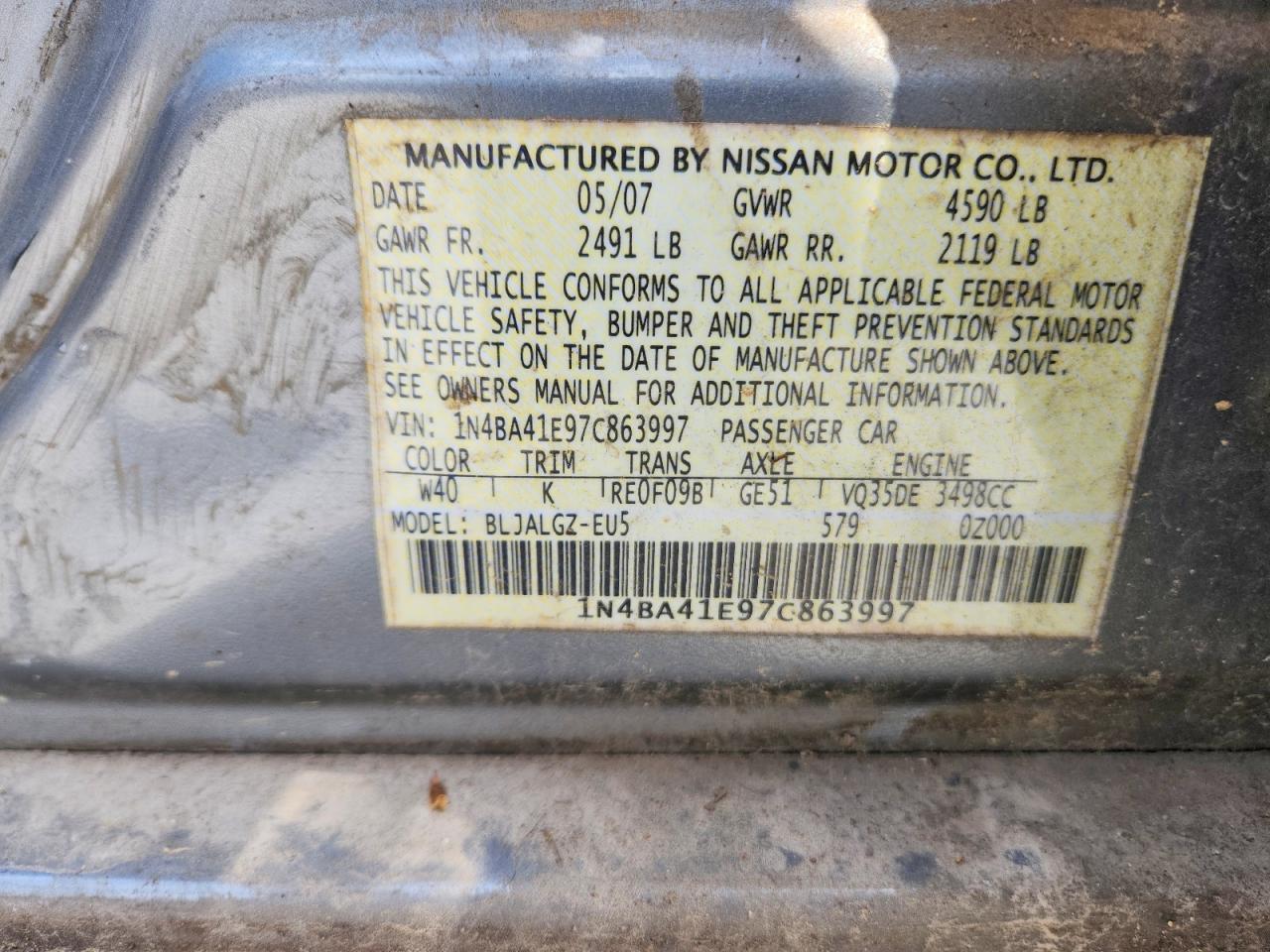 2007 Nissan Maxima 3.5 Se Gray vin: 1N4BA41E97C863997