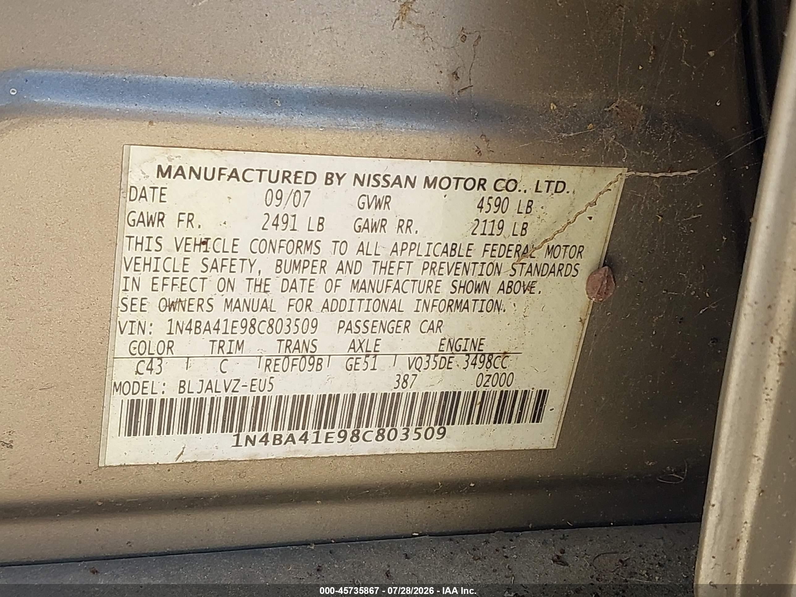 2008 Nissan Maxima 3.5 Se Champagne vin: 1N4BA41E98C803509