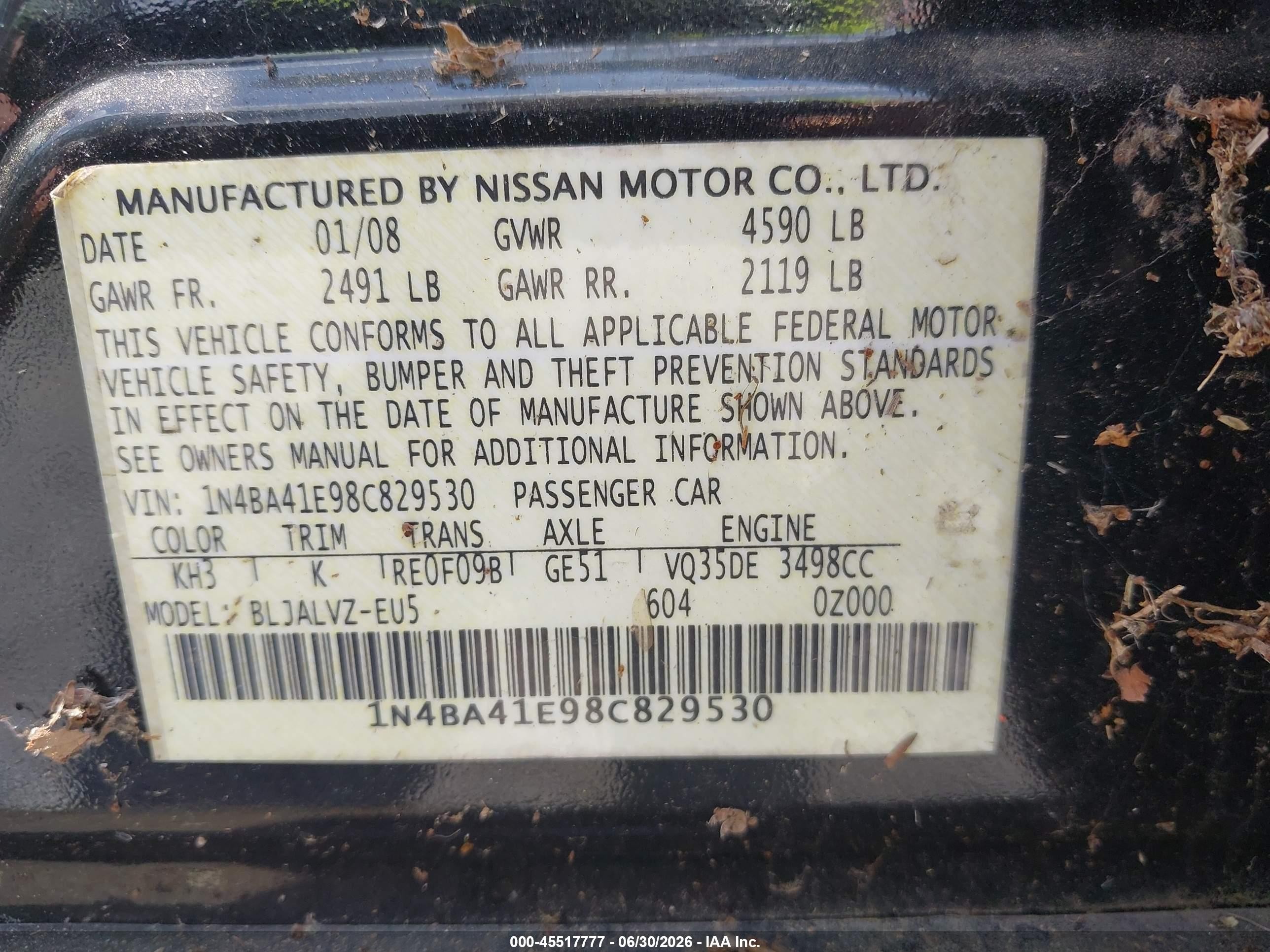 2008 Nissan Maxima 3.5 Se Черный vin: 1N4BA41E98C829530