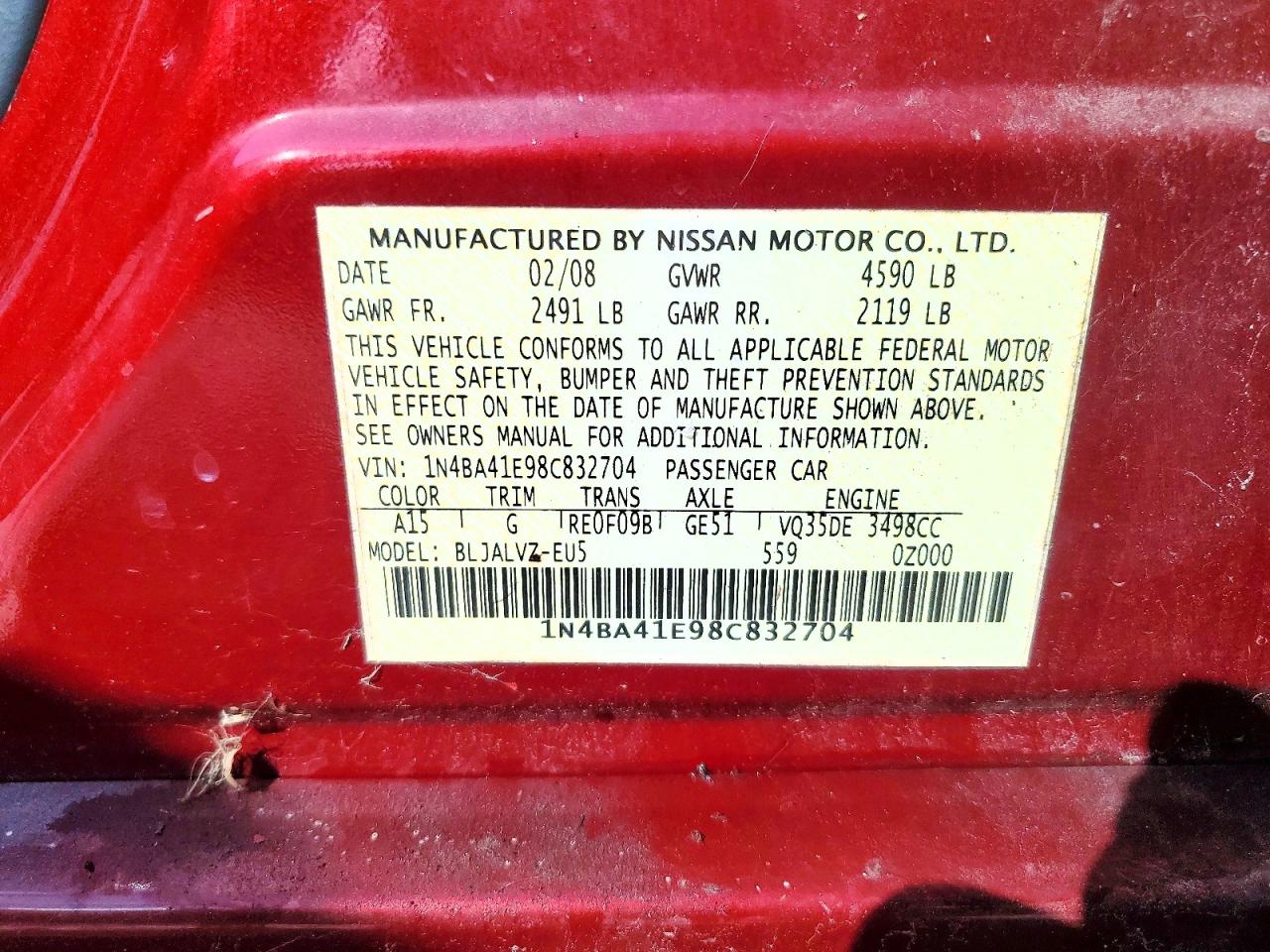 2008 Nissan Maxima 3.5 Se Red vin: 1N4BA41E98C832704