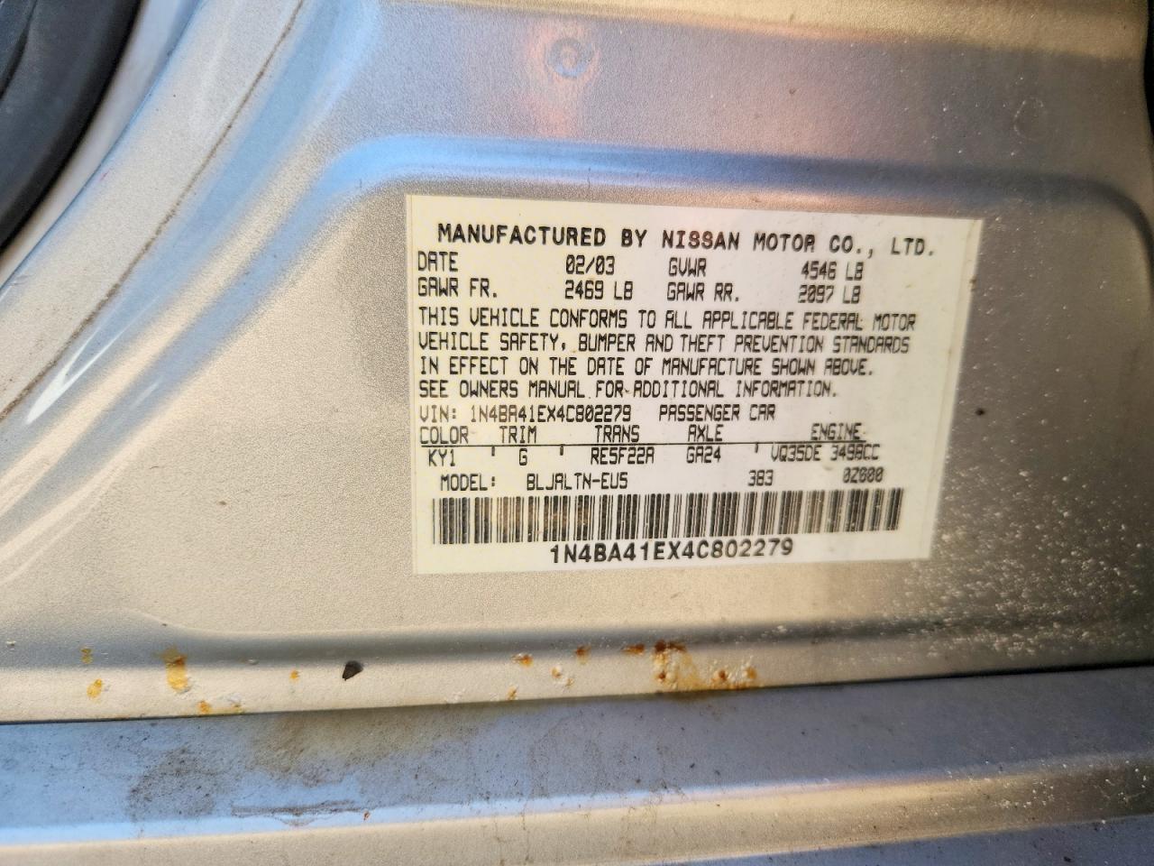 2004 Nissan Maxima Se/sl Silver vin: 1N4BA41EX4C802279