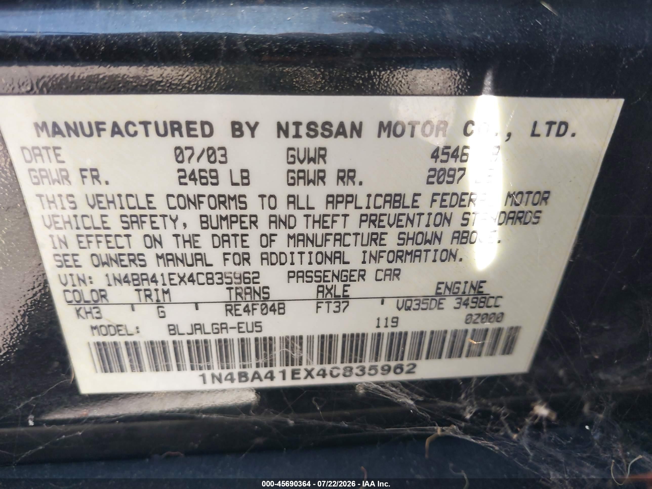 2004 Nissan Maxima 3.5 Sl Black vin: 1N4BA41EX4C835962