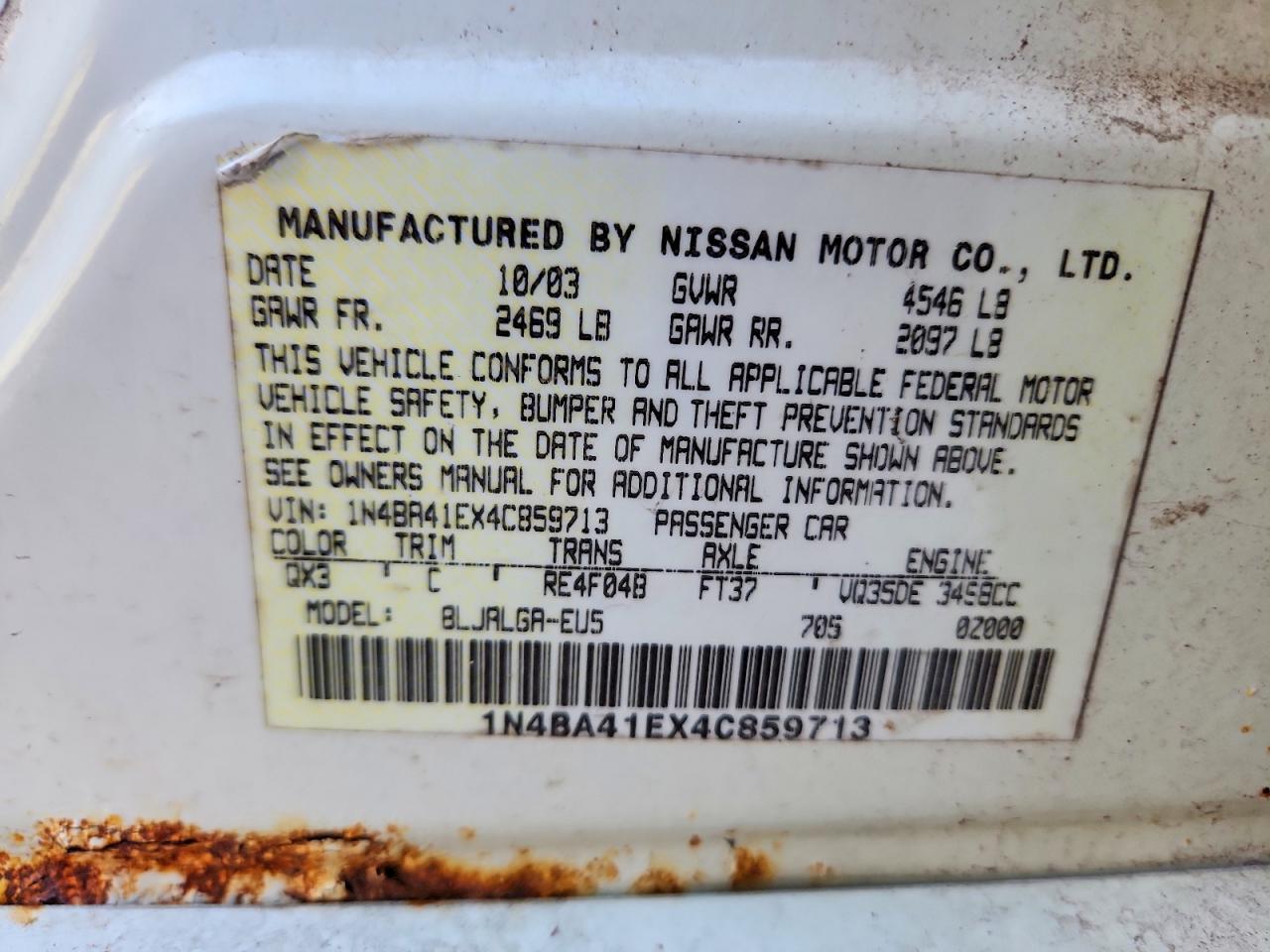 2004 Nissan Maxima 3.5 Se Белый vin: 1N4BA41EX4C859713