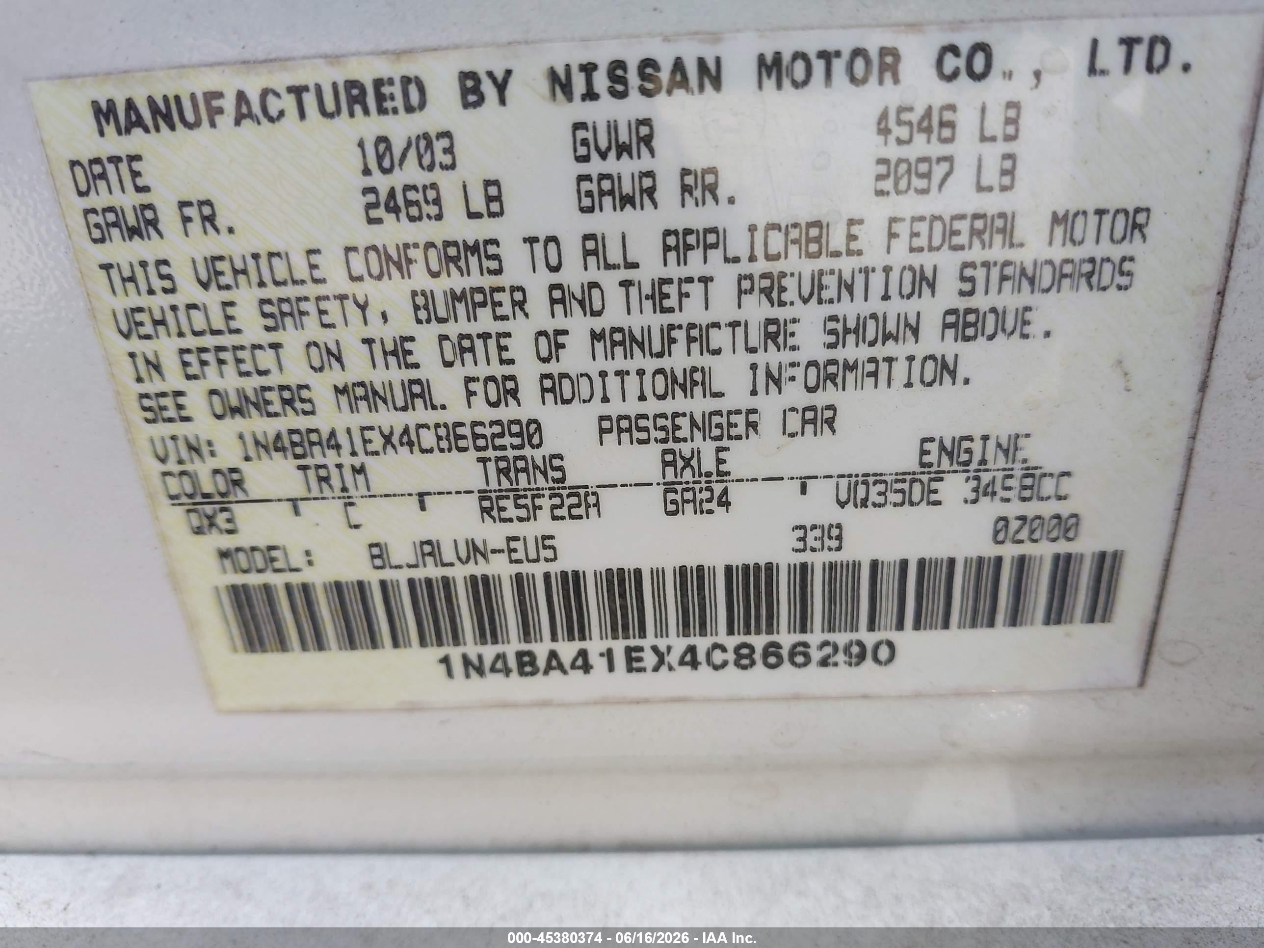 2004 Nissan Maxima 3.5 Se Белый vin: 1N4BA41EX4C866290