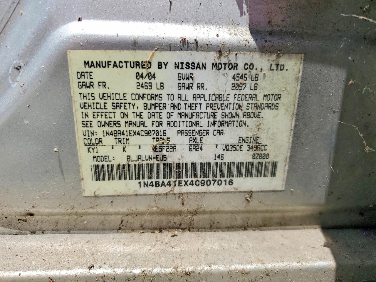 2004 Nissan Maxima 3.5 Se Gray vin: 1N4BA41EX4C907016