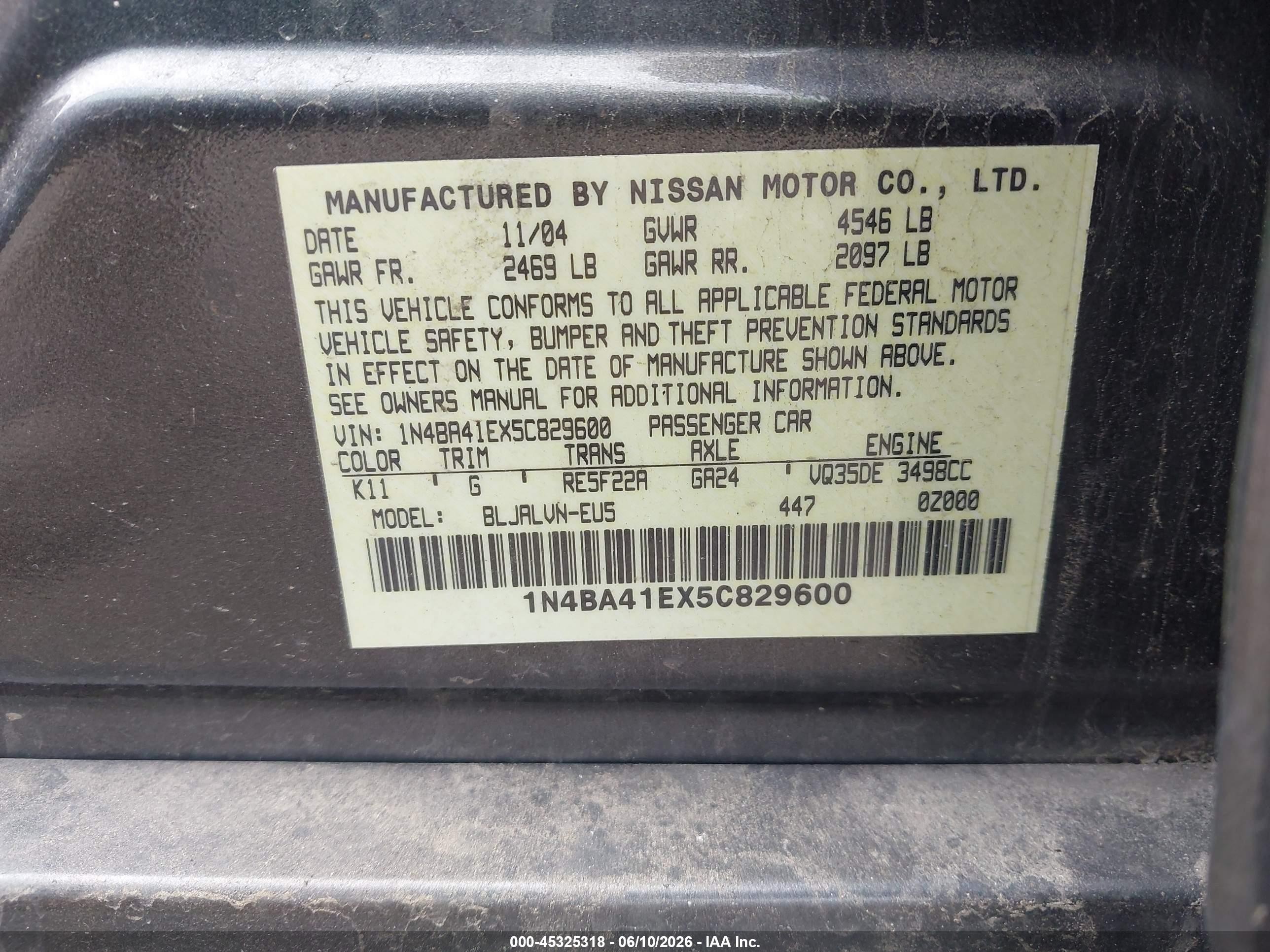 2005 Nissan Maxima 3.5 Sl Серый vin: 1N4BA41EX5C829600
