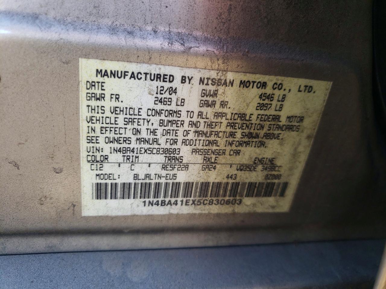 2005 Nissan Maxima 3.5 Se Silver vin: 1N4BA41EX5C830603