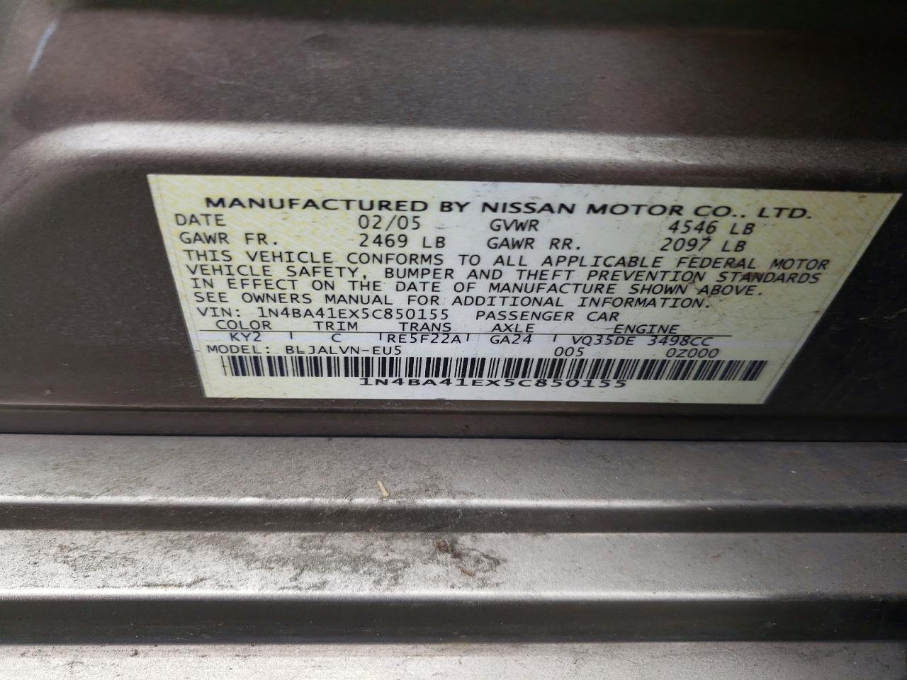 2005 Nissan Maxima 3.5 Se Gold vin: 1N4BA41EX5C850155