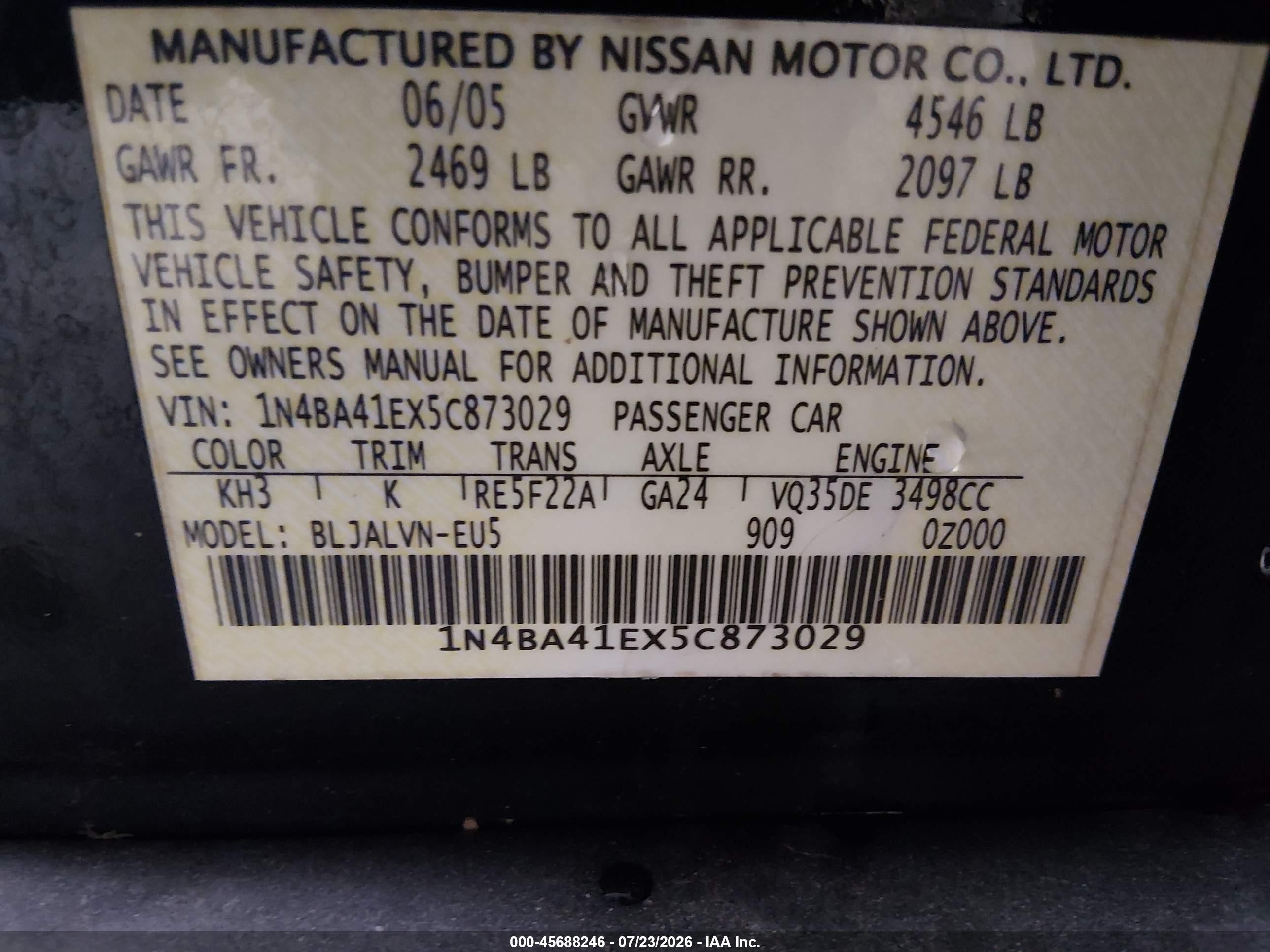 2005 Nissan Maxima 3.5 Se Черный vin: 1N4BA41EX5C873029