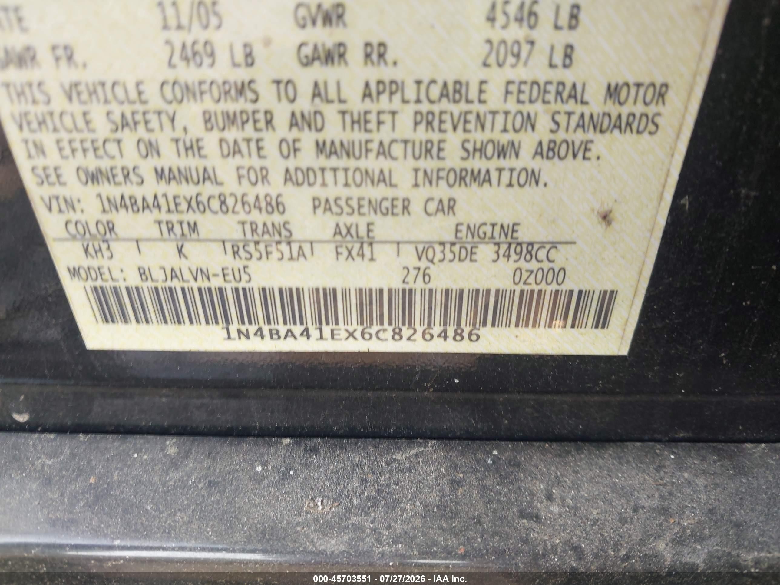 2006 Nissan Maxima 3.5 Se Черный vin: 1N4BA41EX6C826486