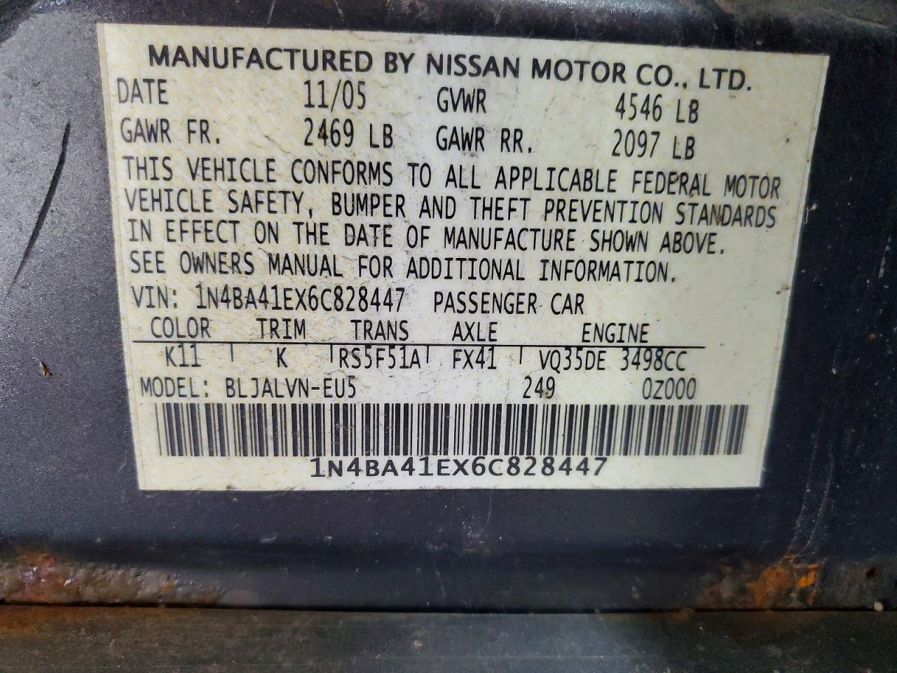 2006 Nissan Maxima Серый vin: 1N4BA41EX6C828447