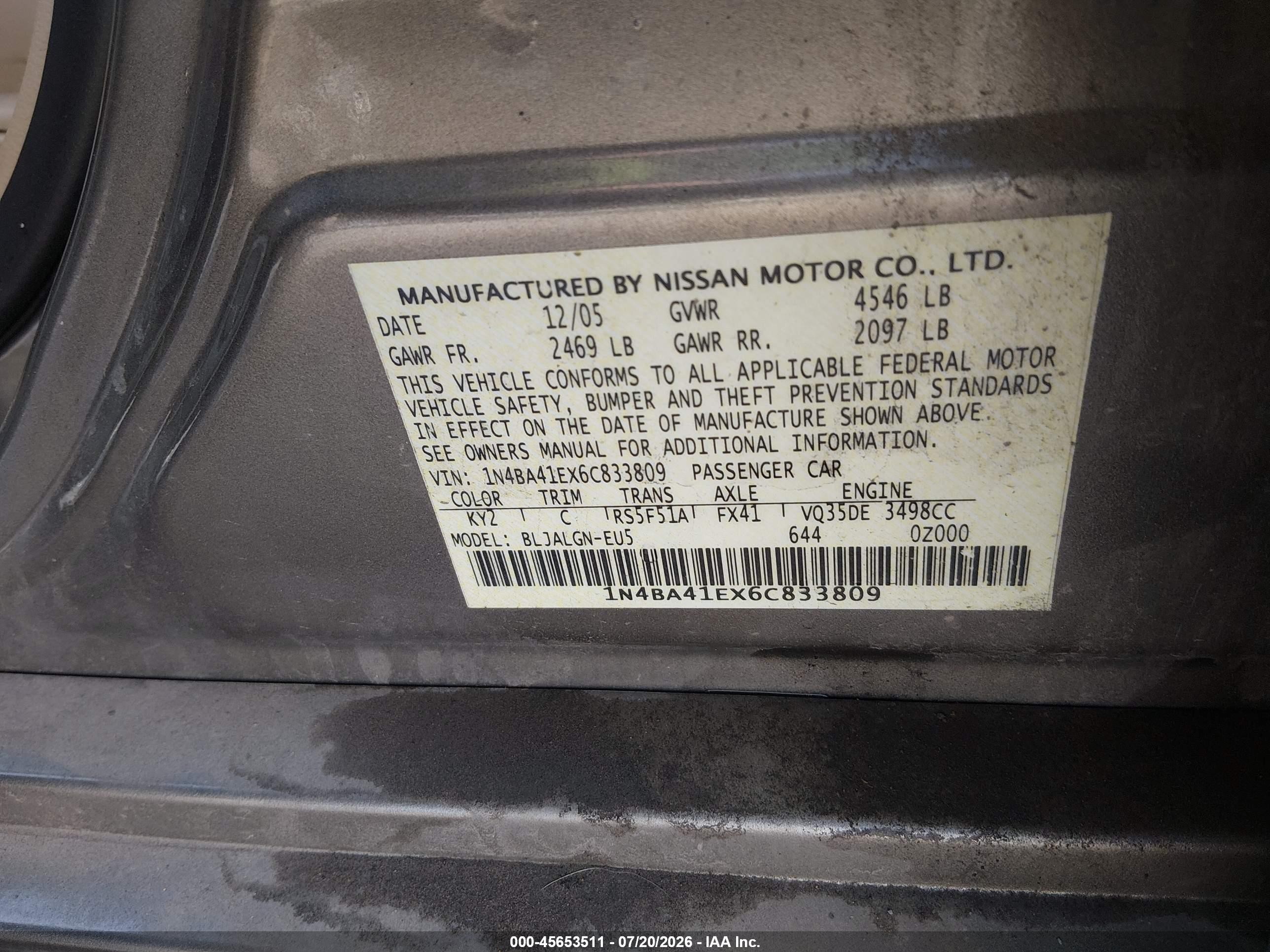 2006 Nissan Maxima 3.5 Sl Gold vin: 1N4BA41EX6C833809