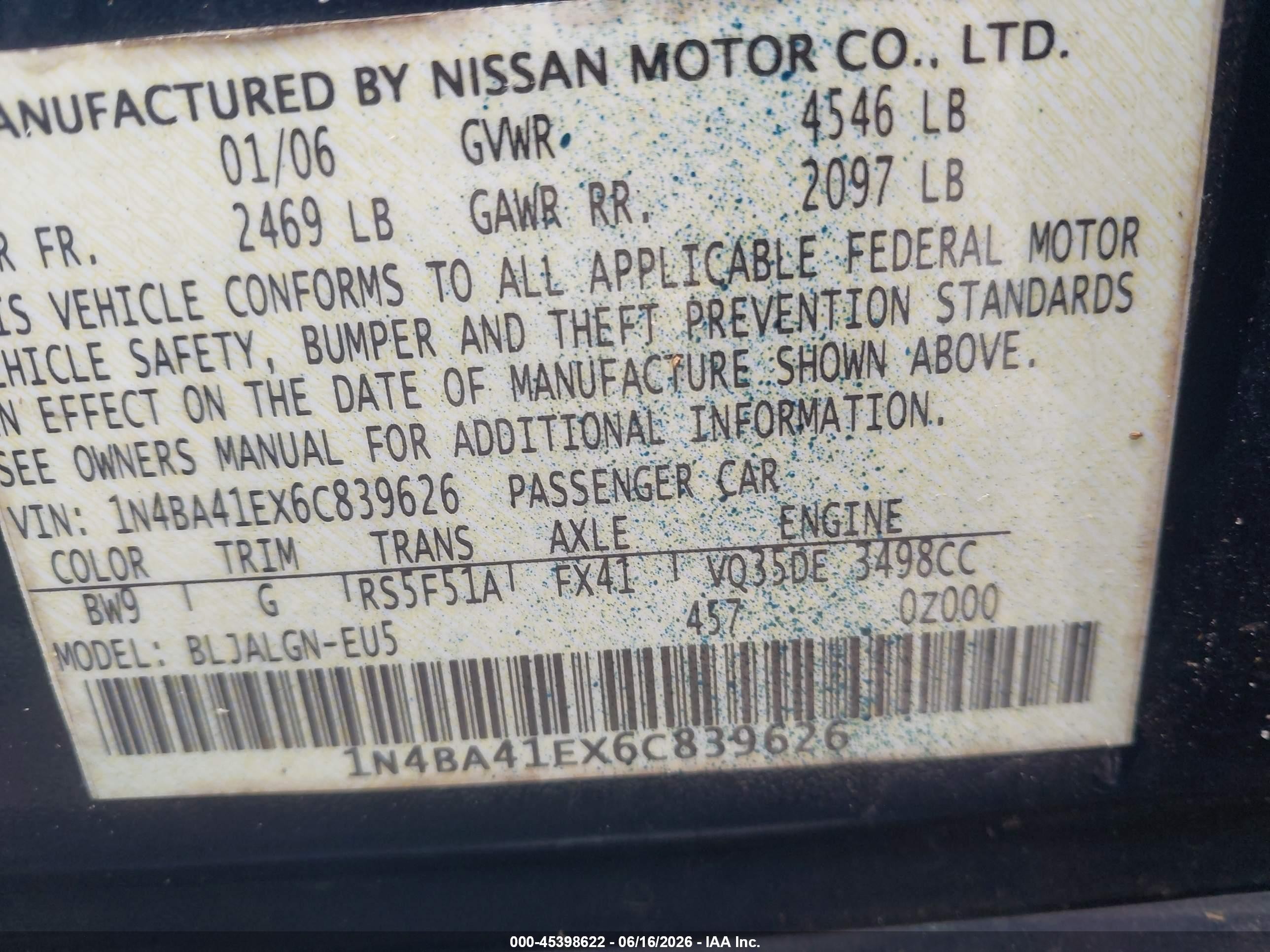 2006 Nissan Maxima 3.5 Sl Blue vin: 1N4BA41EX6C839626