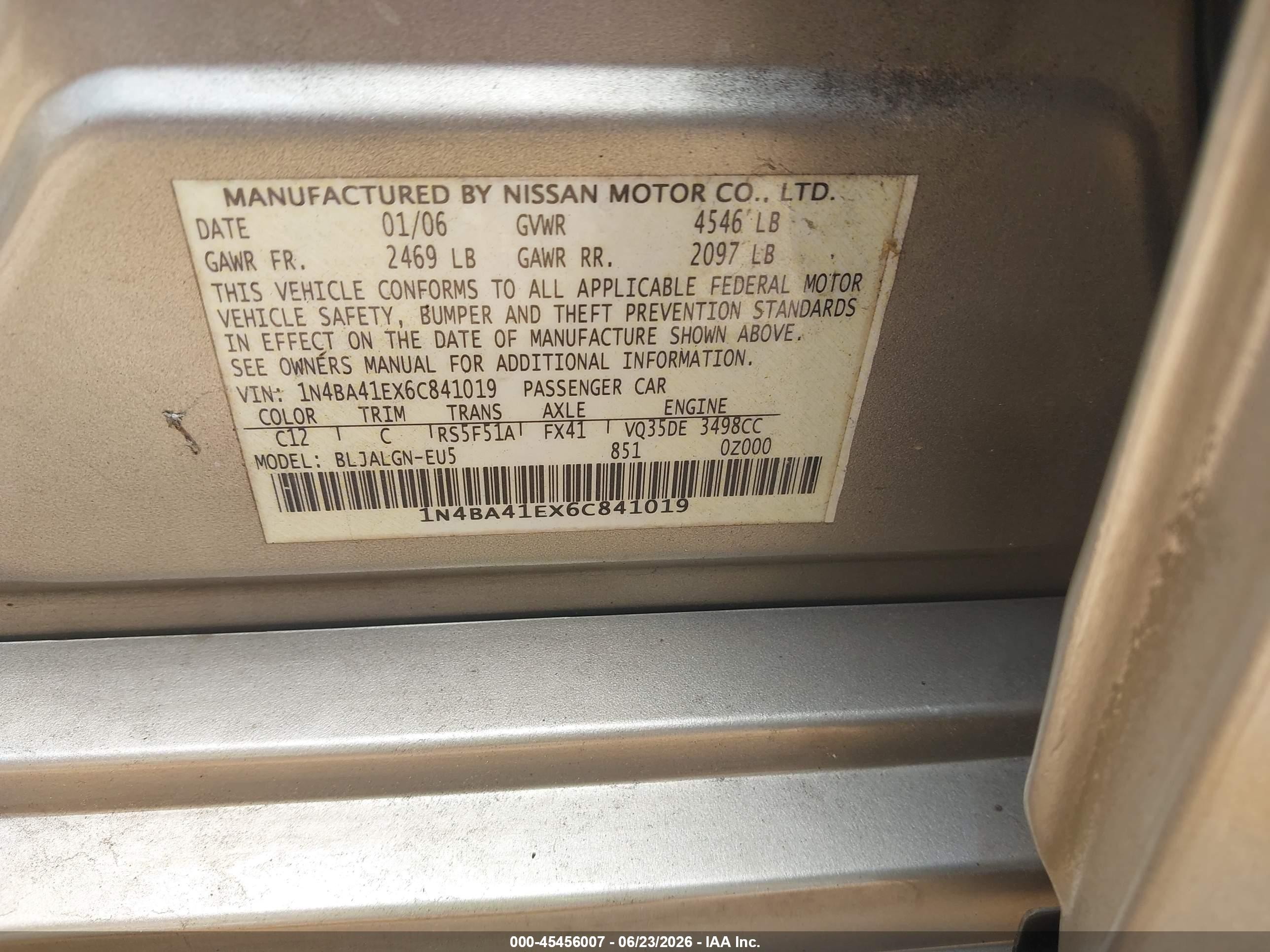 2006 Nissan Maxima 3.5 Sl Silver vin: 1N4BA41EX6C841019