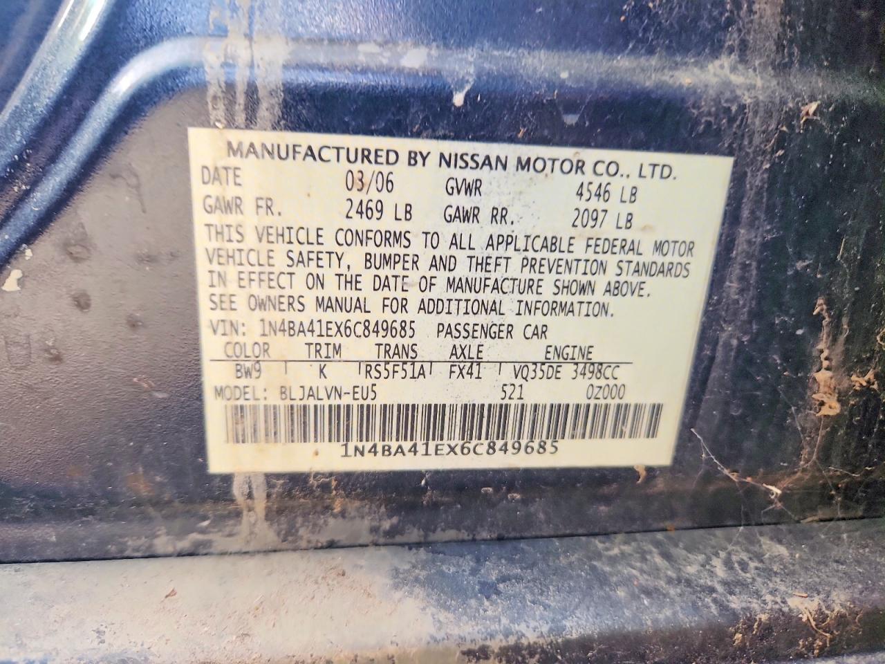 2006 Nissan Maxima 3.5 Se Blue vin: 1N4BA41EX6C849685