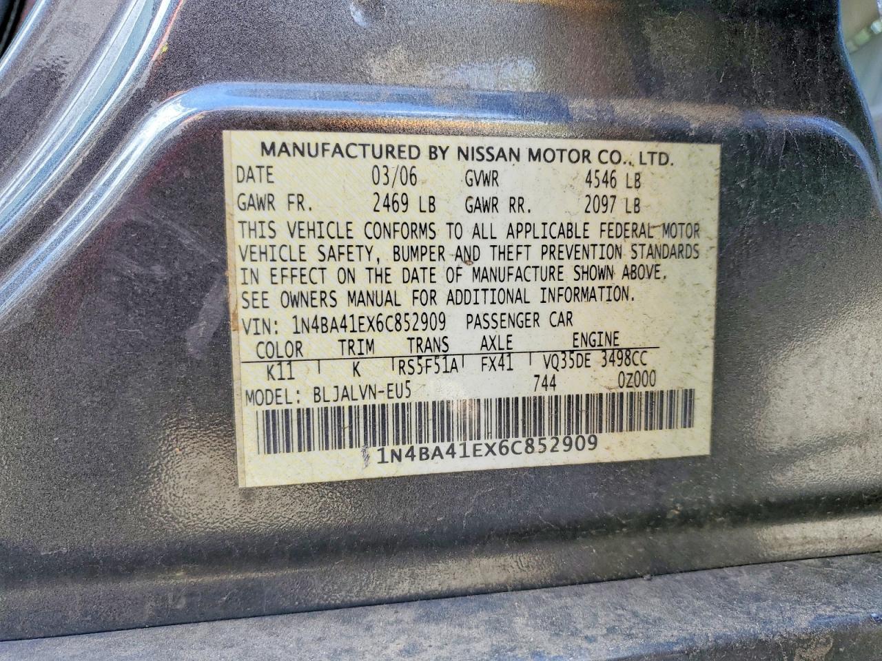 2006 Nissan Maxima 3.5 Se Gray vin: 1N4BA41EX6C852909