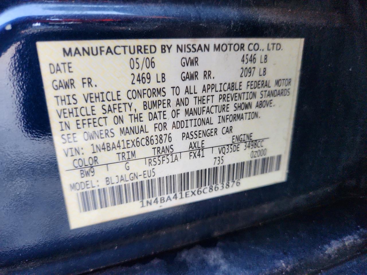 2006 Nissan Maxima 3.5 Se Blue vin: 1N4BA41EX6C863876