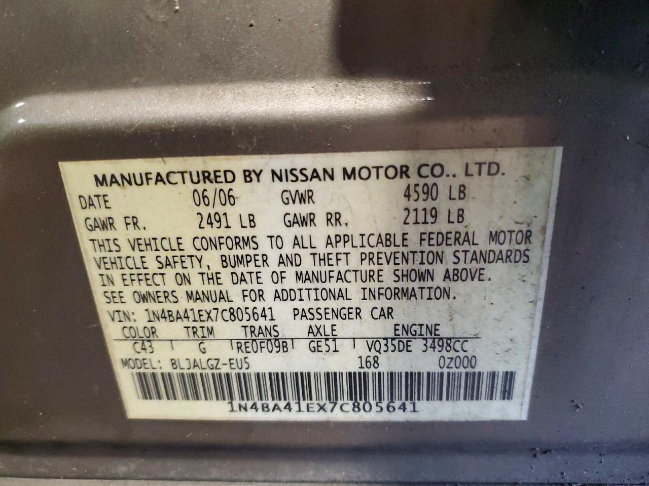 2007 Nissan Maxima 3.5 Se Gray vin: 1N4BA41EX7C805641