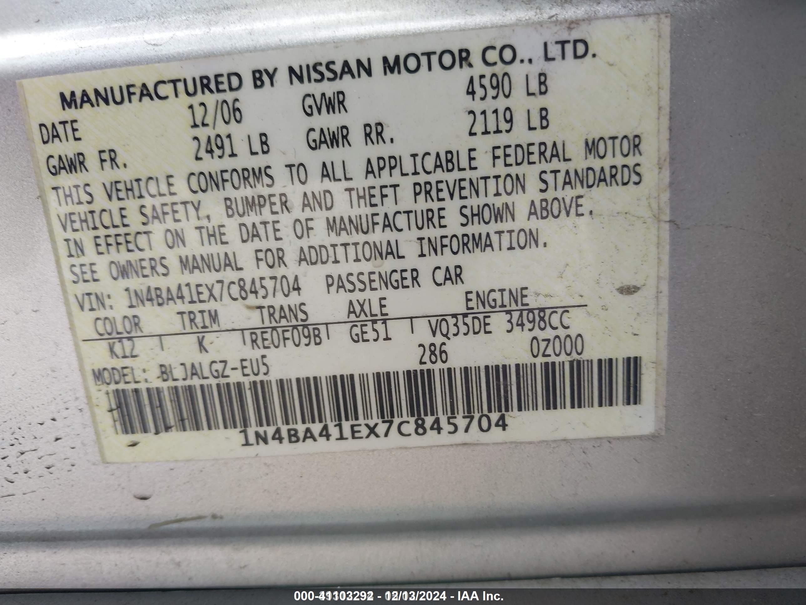 2007 Nissan Maxima 3.5 Sl Silver vin: 1N4BA41EX7C845704