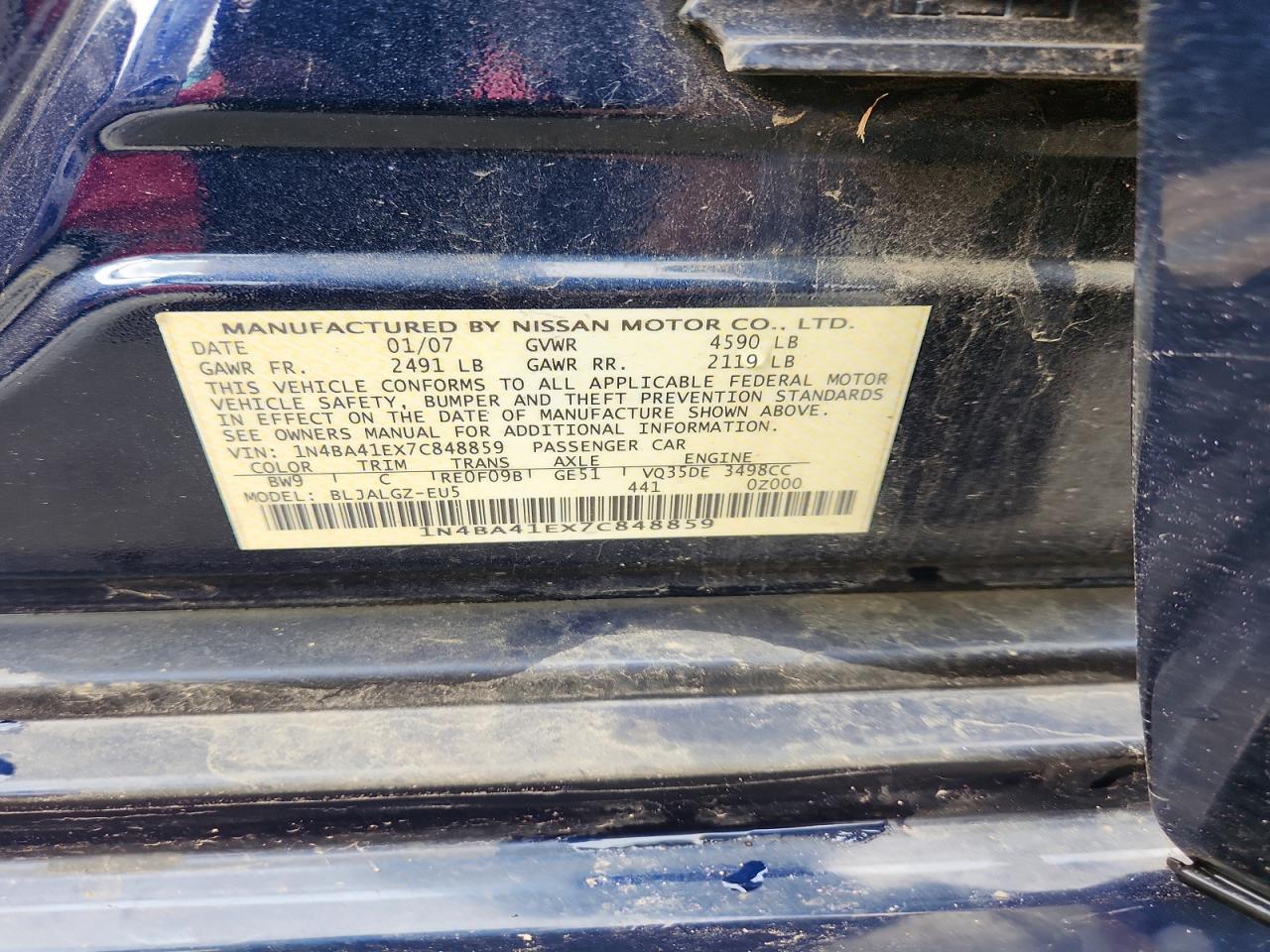 2007 Nissan Maxima 3.5 Se Blue vin: 1N4BA41EX7C848859