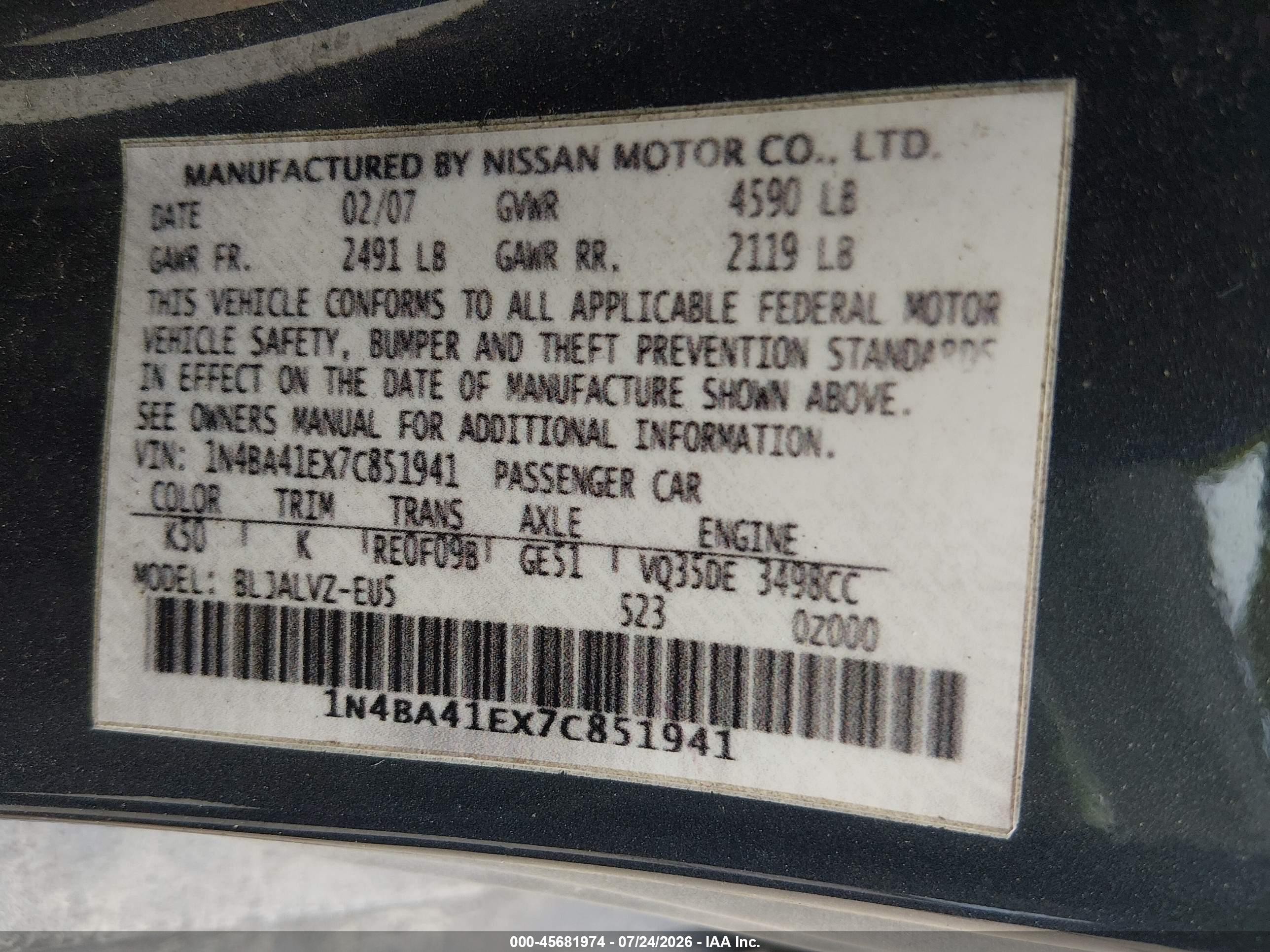 2007 Nissan Maxima 3.5 Se Синий vin: 1N4BA41EX7C851941