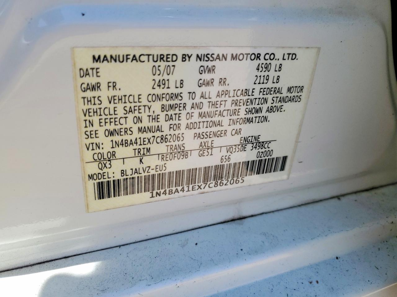 2007 Nissan Maxima 3.5 Se White vin: 1N4BA41EX7C862065